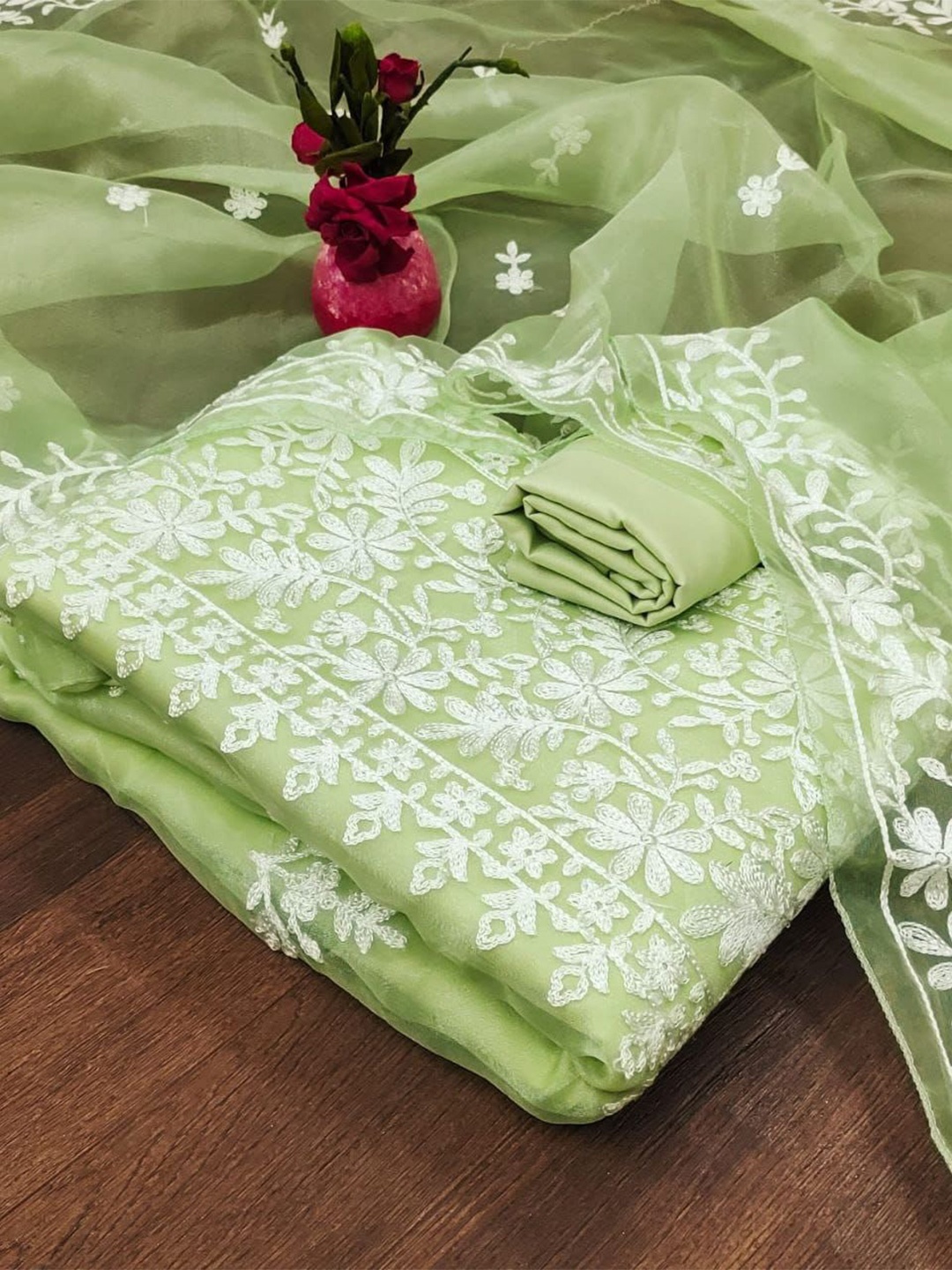 

ZEEPKART Embroidered Organza Unstitched Dress Material, Green