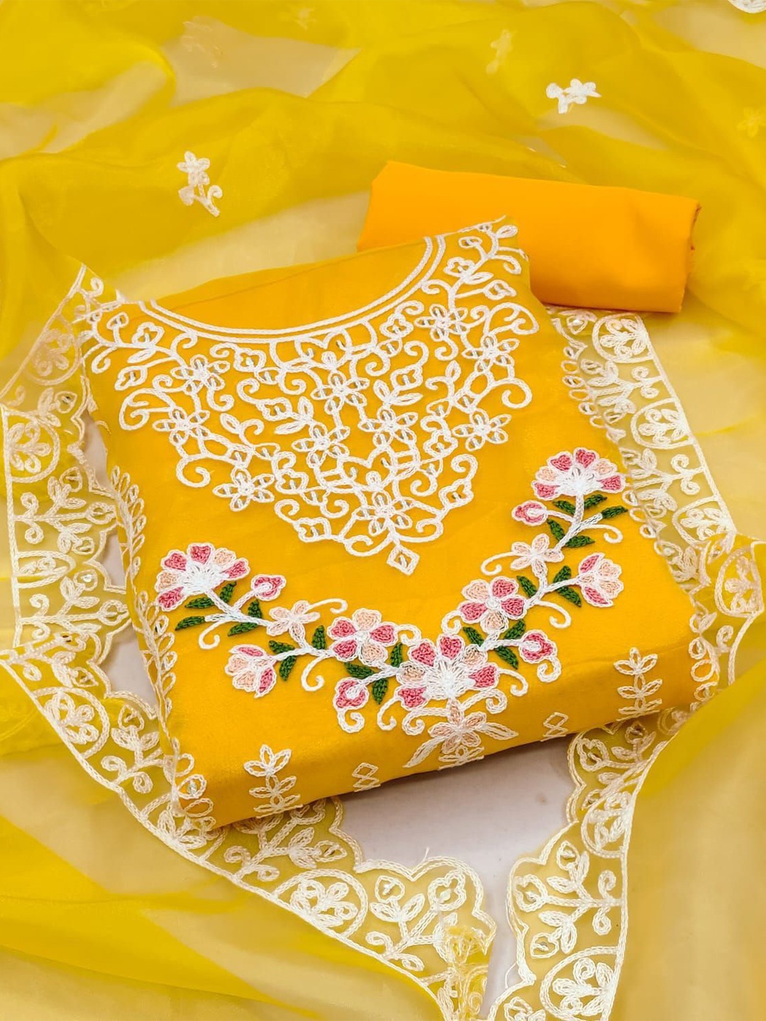 

ZEEPKART Ethnic Motifs Embroidered Organza Unstitched Dress Material, Yellow