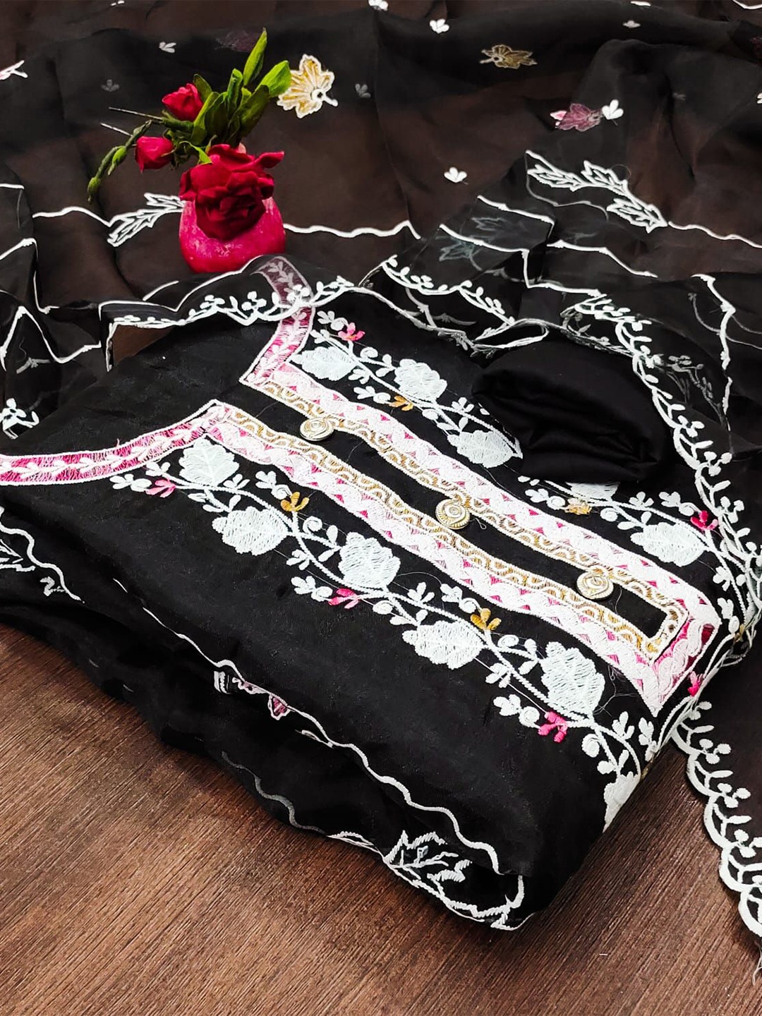 

ZEEPKART Ethnic Motifs Embroidered Organza Unstitched Dress Material, Black