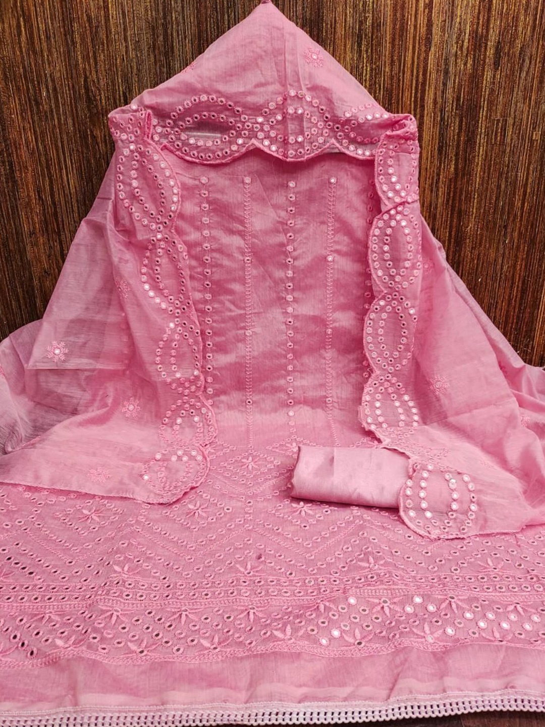 

ZEEPKART Floral Embroidered Mirror Work Unstitched Dress Material, Pink