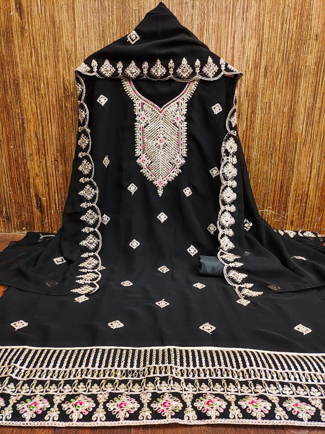 

ZEEPKART Ethnic Motifs Embroidered Sequinned Unstitched Dress Material, Black