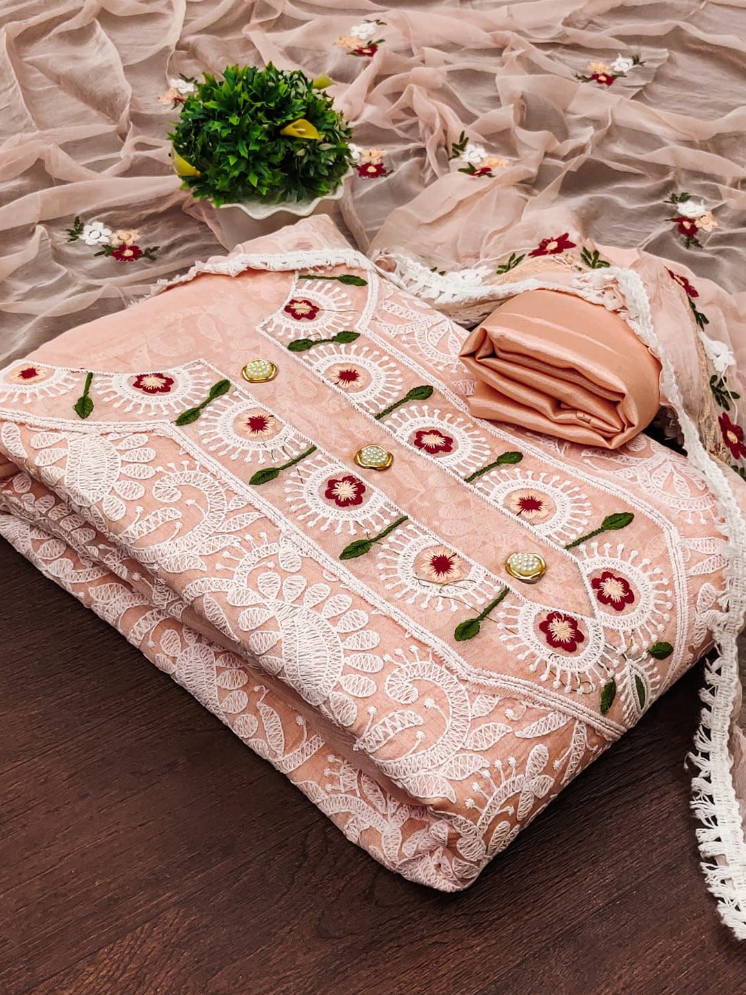 

ZEEPKART Ethnic Motifs Woven Design Beads and Stones Unstitched Dress Material, Orange