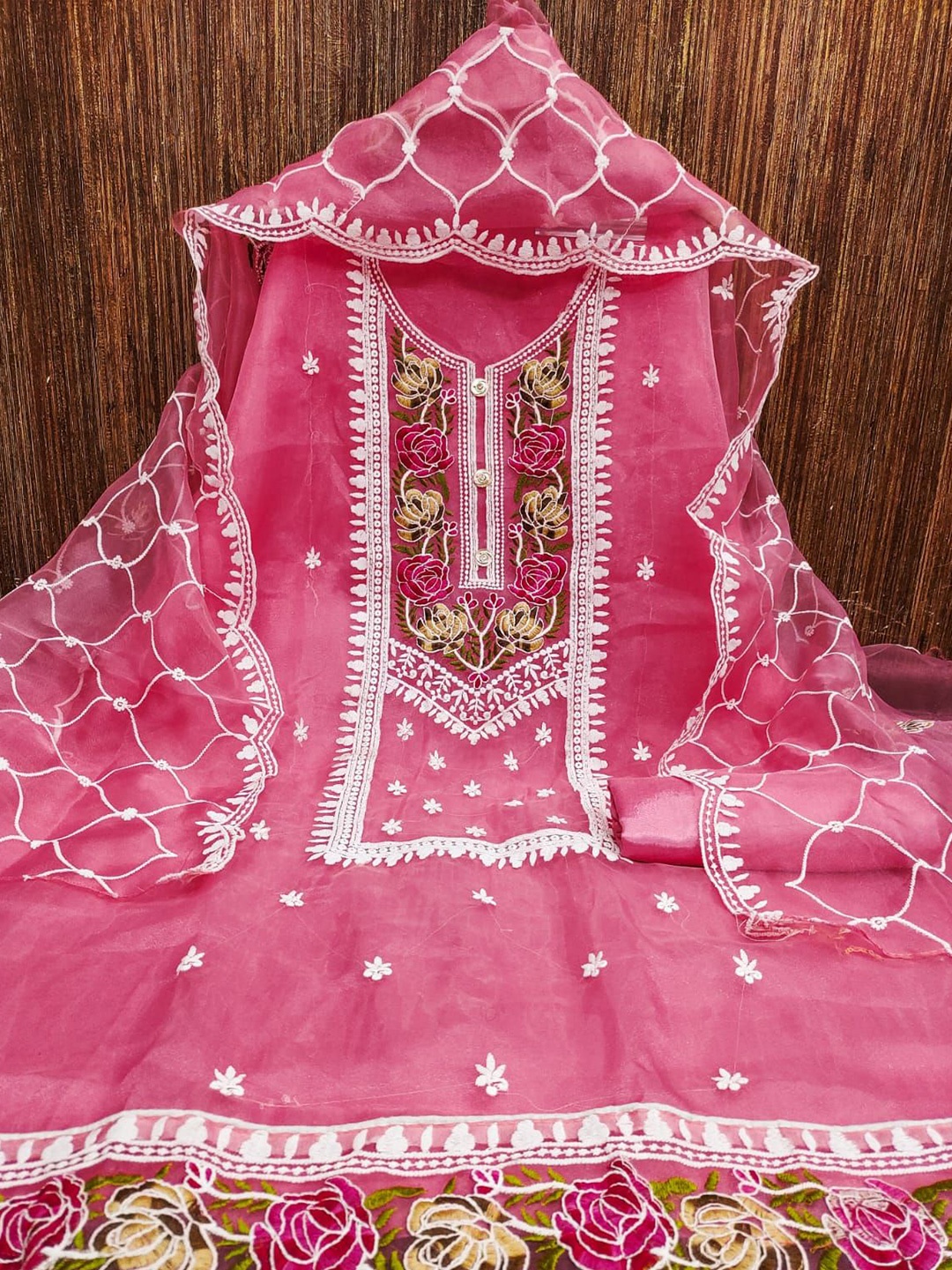

ZEEPKART Organza Unstitched Dress Material, Pink