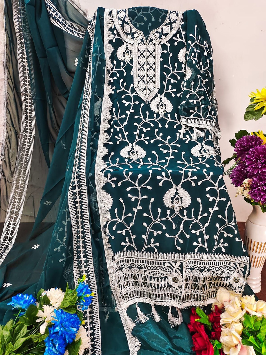 

ZEEPKART Ethnic Motifs Woven Design Thread Work Unstitched Dress Material, Blue