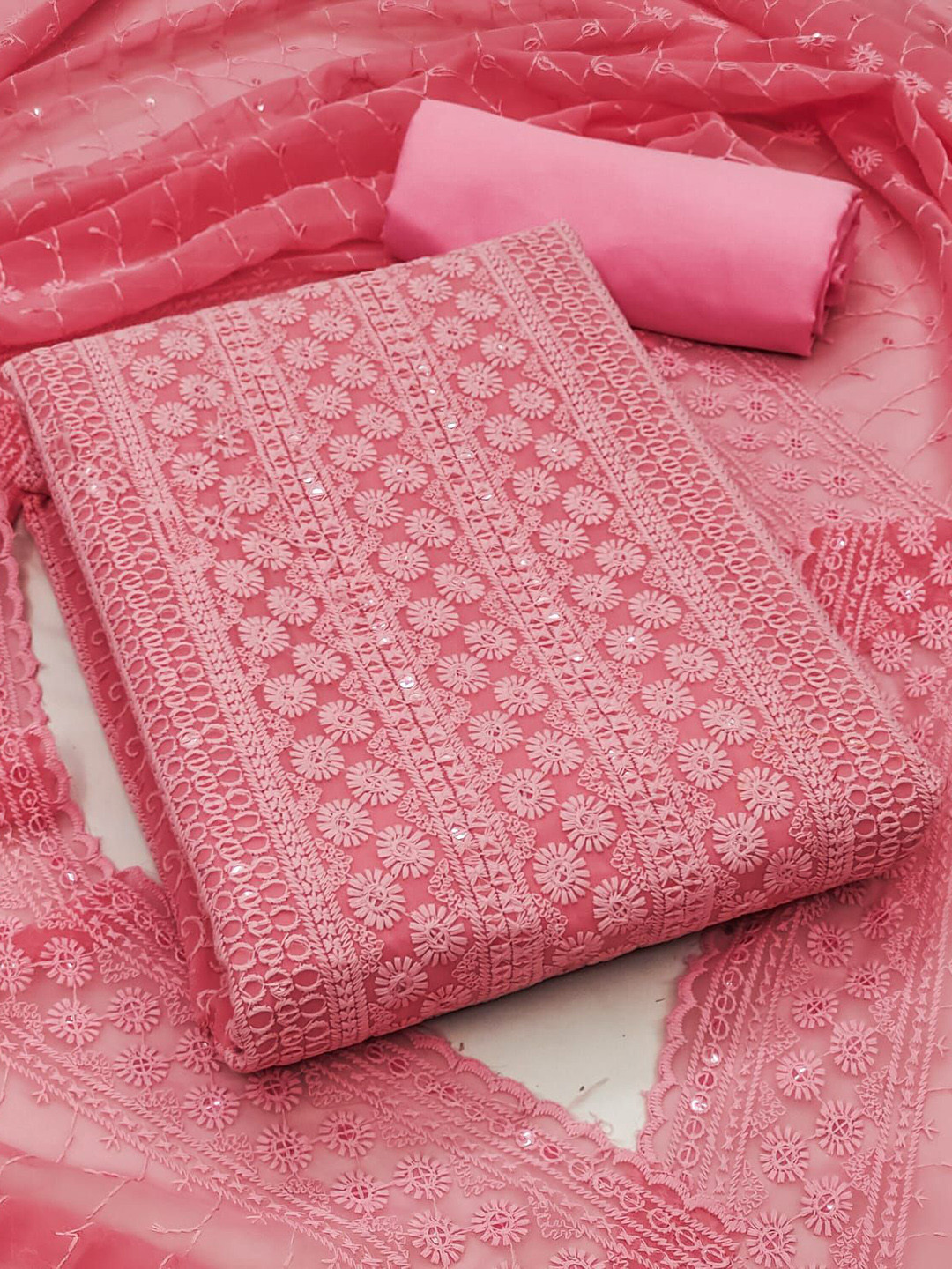 

ZEEPKART Ethnic Motifs Embroidered Sequinned Unstitched Dress Material, Pink