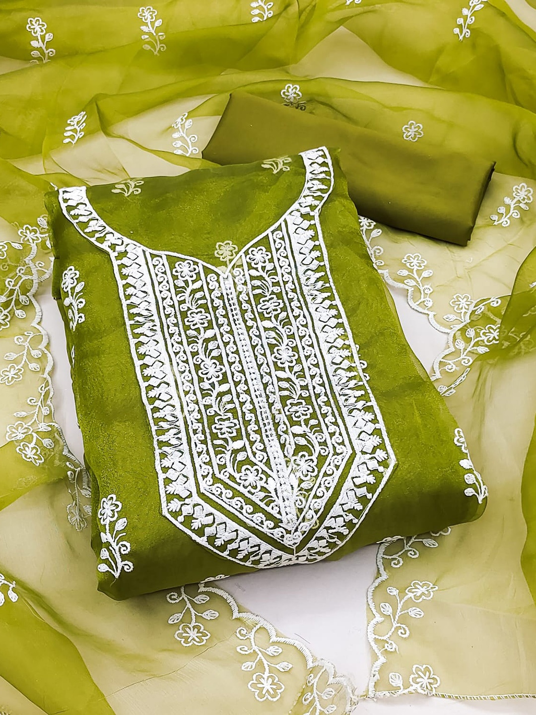 

ZEEPKART Organza Unstitched Dress Material, Green