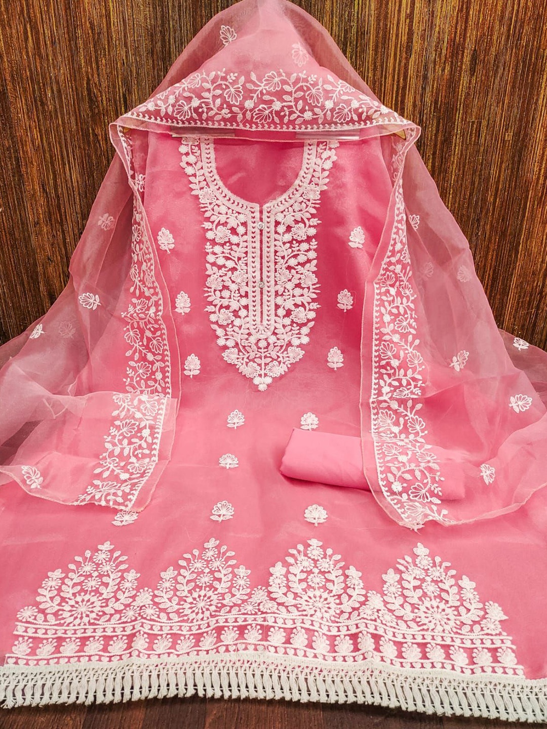 

ZEEPKART Ethnic Motifs Woven Design Organza Unstitched Dress Material, Pink