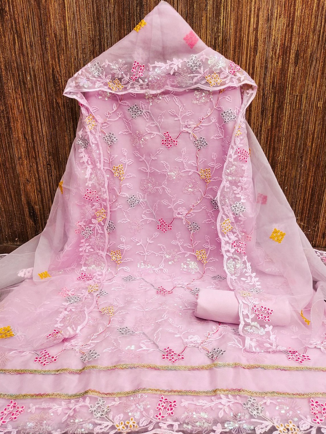 

ZEEPKART Organza Unstitched Dress Material, Pink