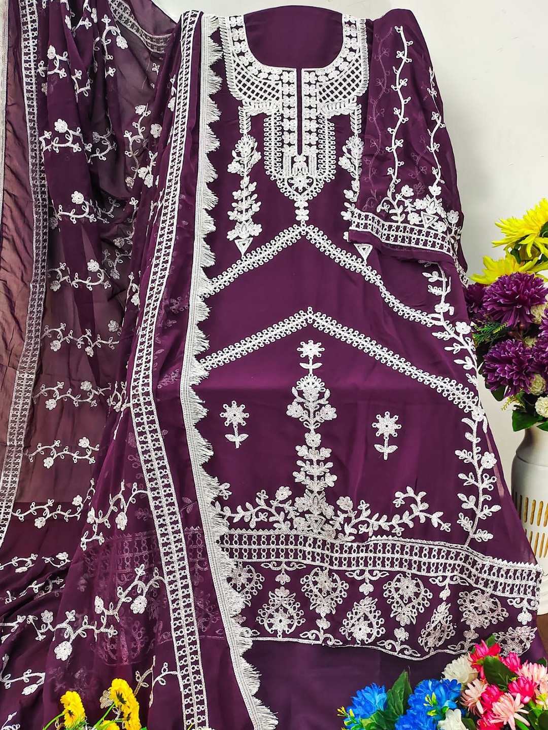 

ZEEPKART Ethnic Motifs Embroidered Sequinned Unstitched Dress Material, Purple