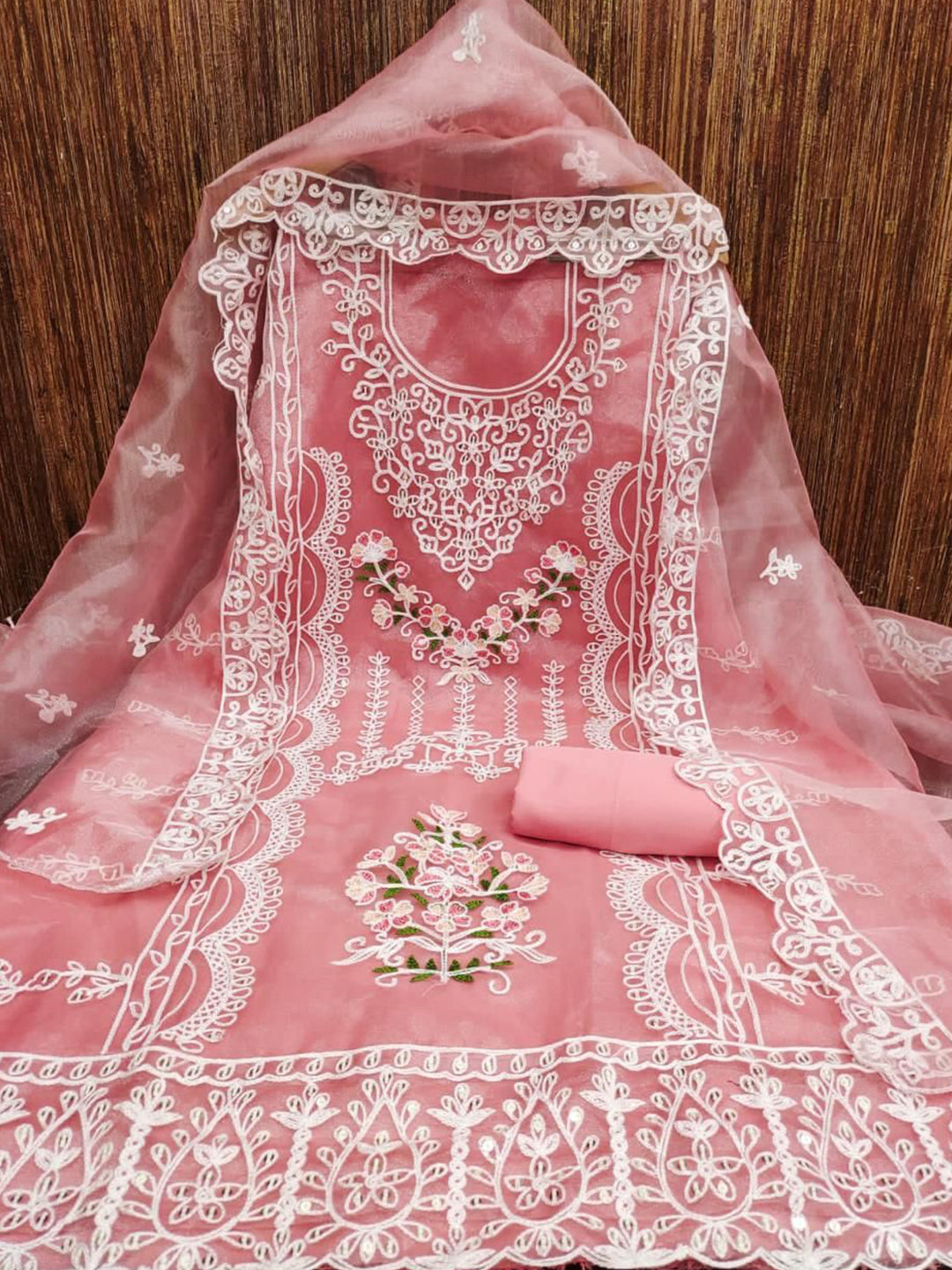 

ZEEPKART Organza Unstitched Dress Material, Pink