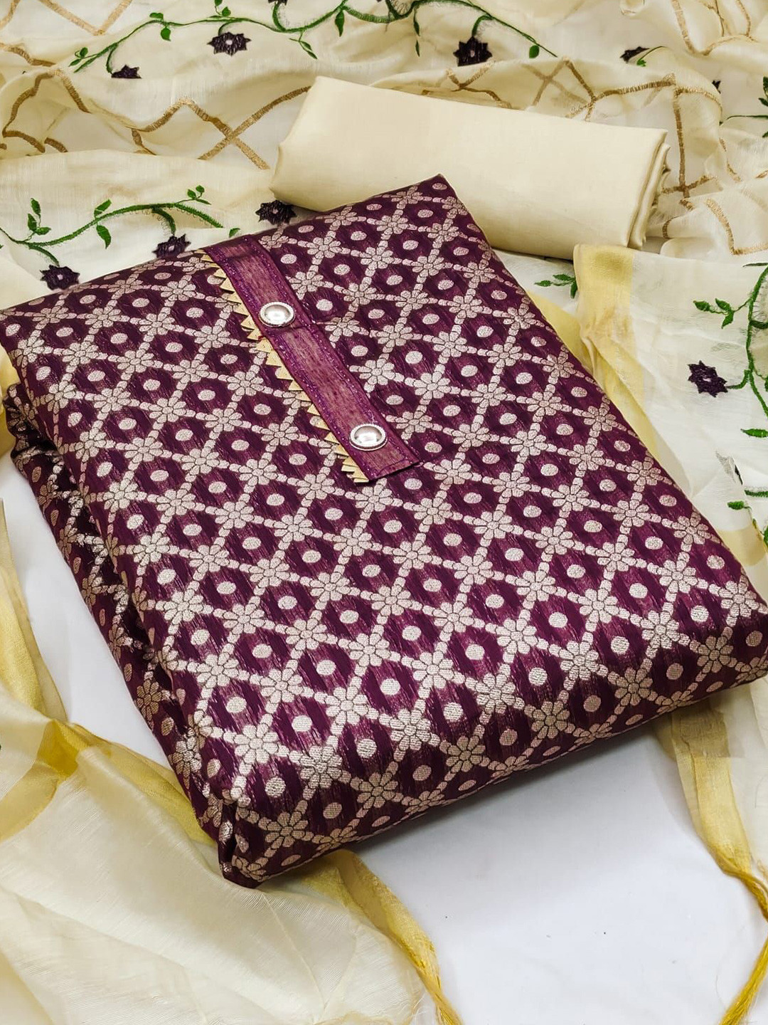 

ZEEPKART Ethnic Motifs Woven Design Unstitched Dress Material, Purple