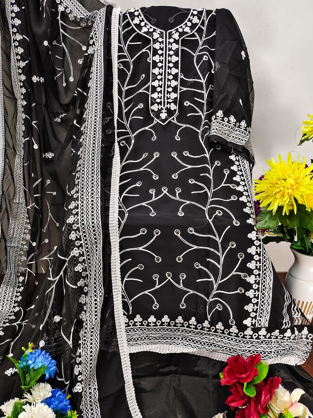 

ZEEPKART Woven Design Unstitched Dress Material, Black