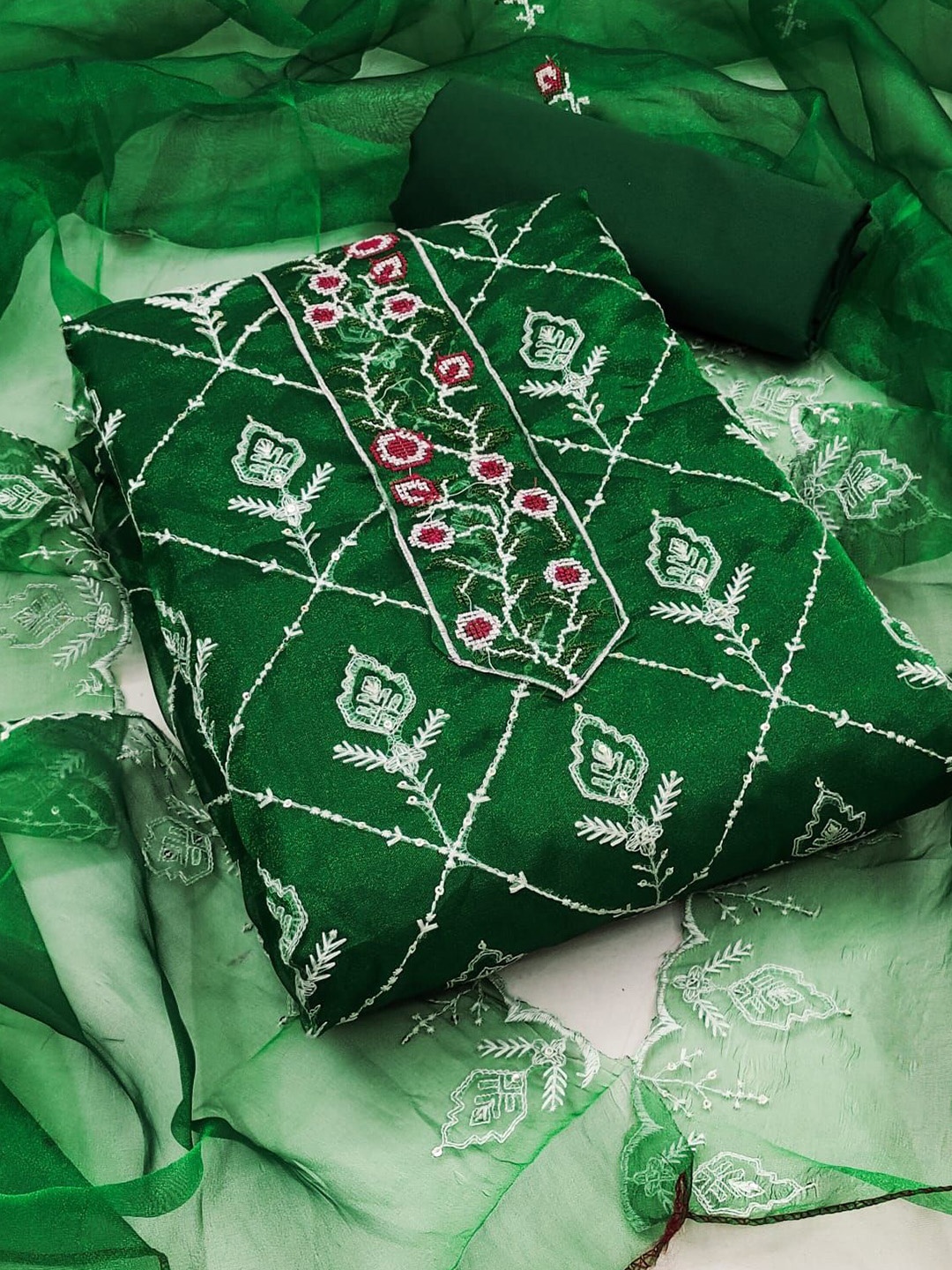 

ZEEPKART Ethnic Motifs Woven Design Sequinned Organza Unstitched Dress Material, Green