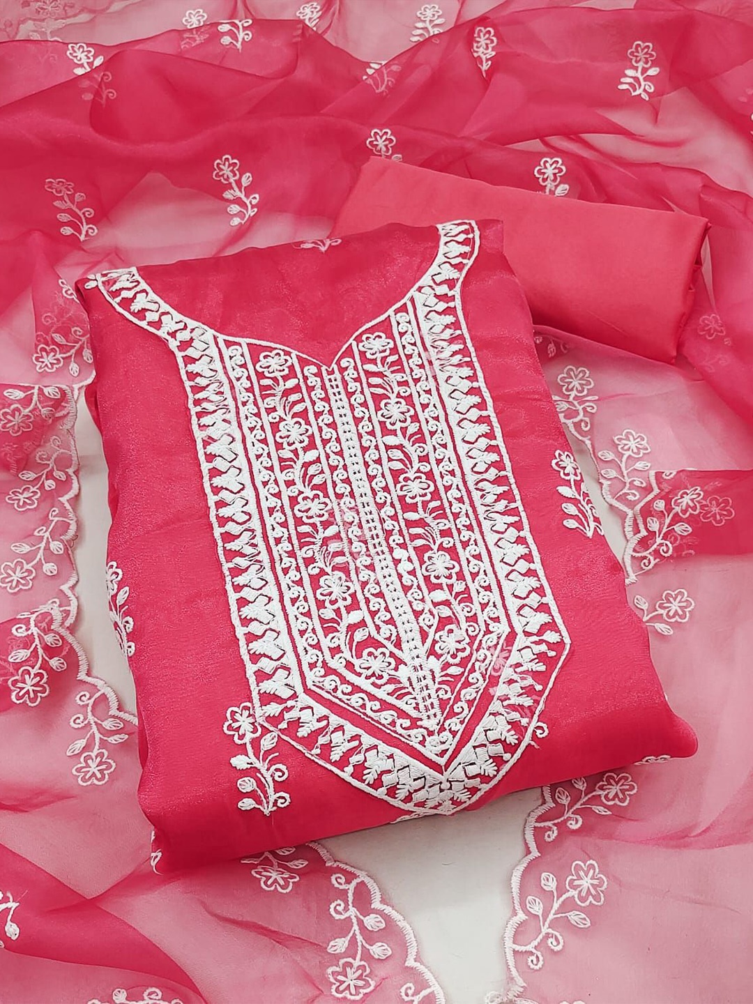 

ZEEPKART Ethnic Motifs Woven Design Organza Unstitched Dress Material, Pink