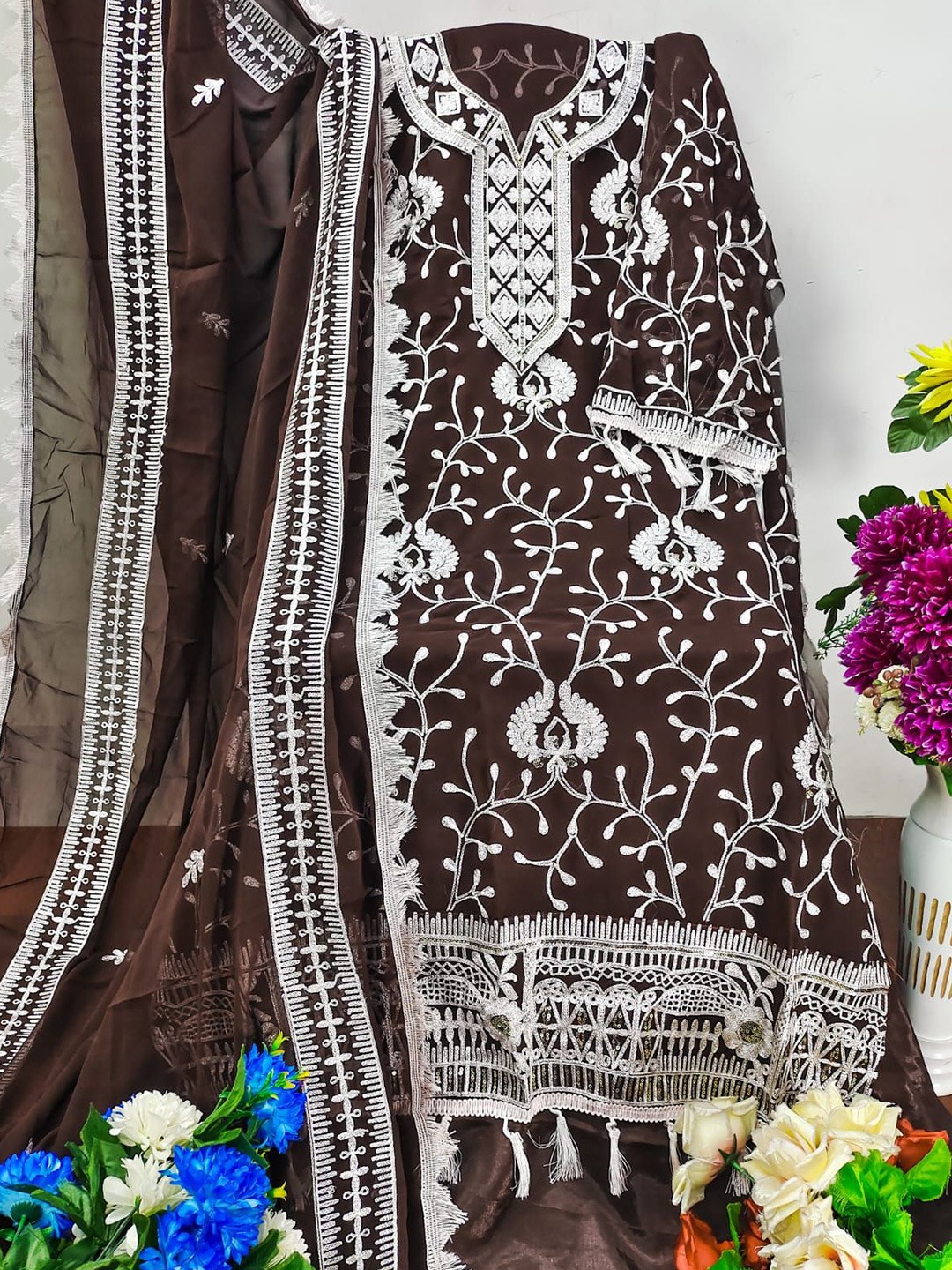 

ZEEPKART Embroidered Unstitched Dress Material, Brown