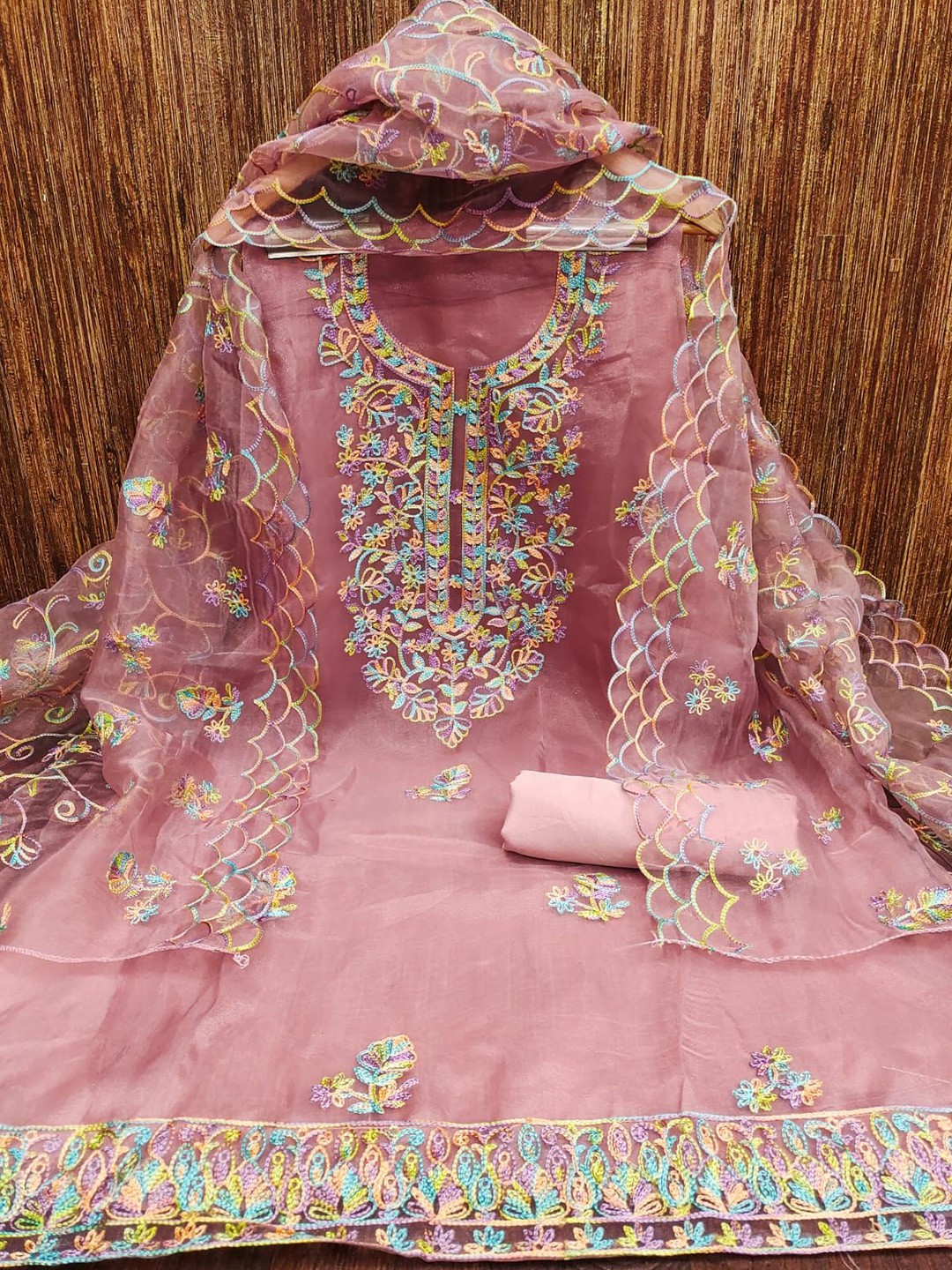 

ZEEPKART Embroidered Organza Unstitched Dress Material, Pink