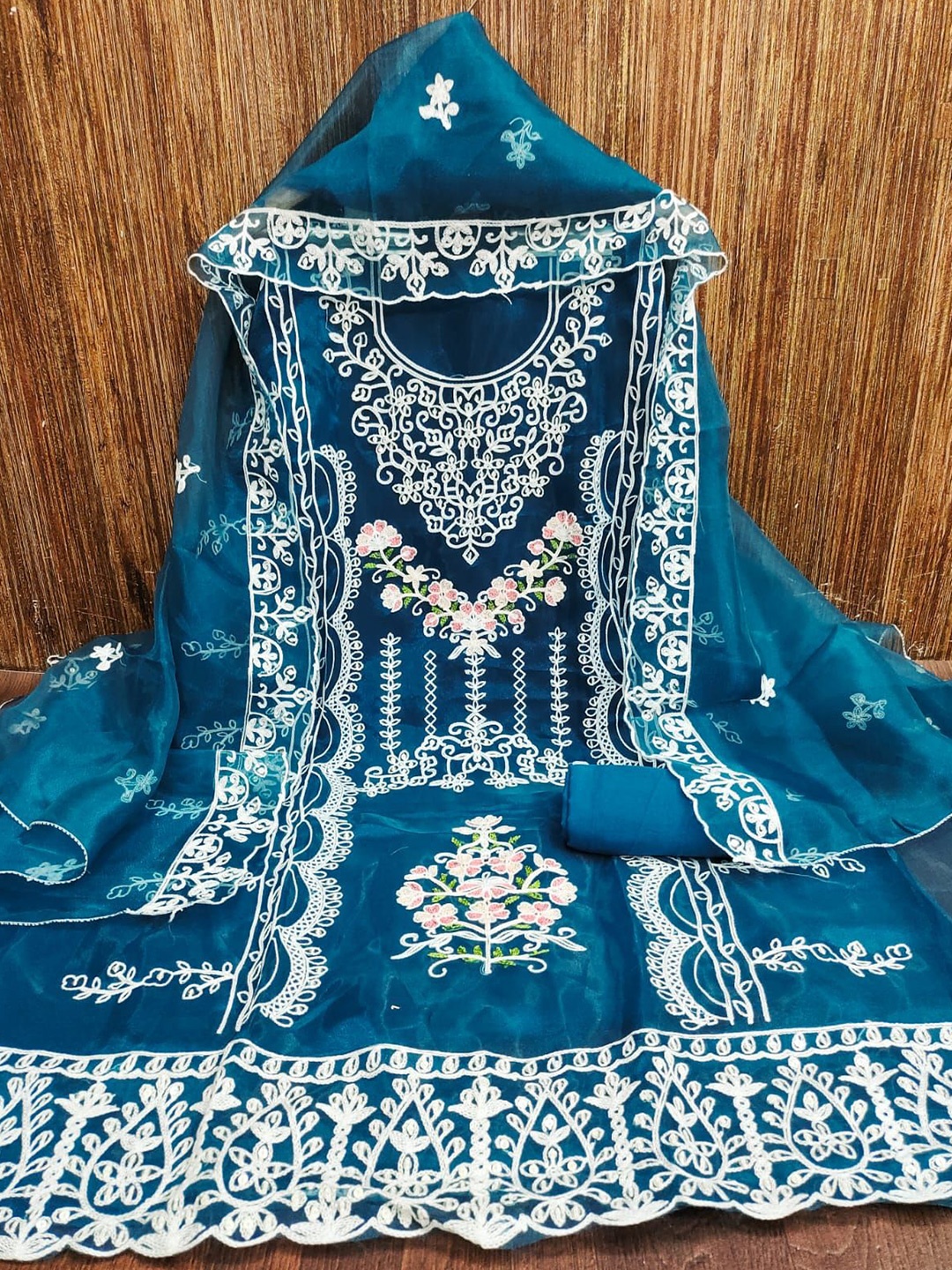 

ZEEPKART Floral Woven Design Organza Unstitched Dress Material, Turquoise blue