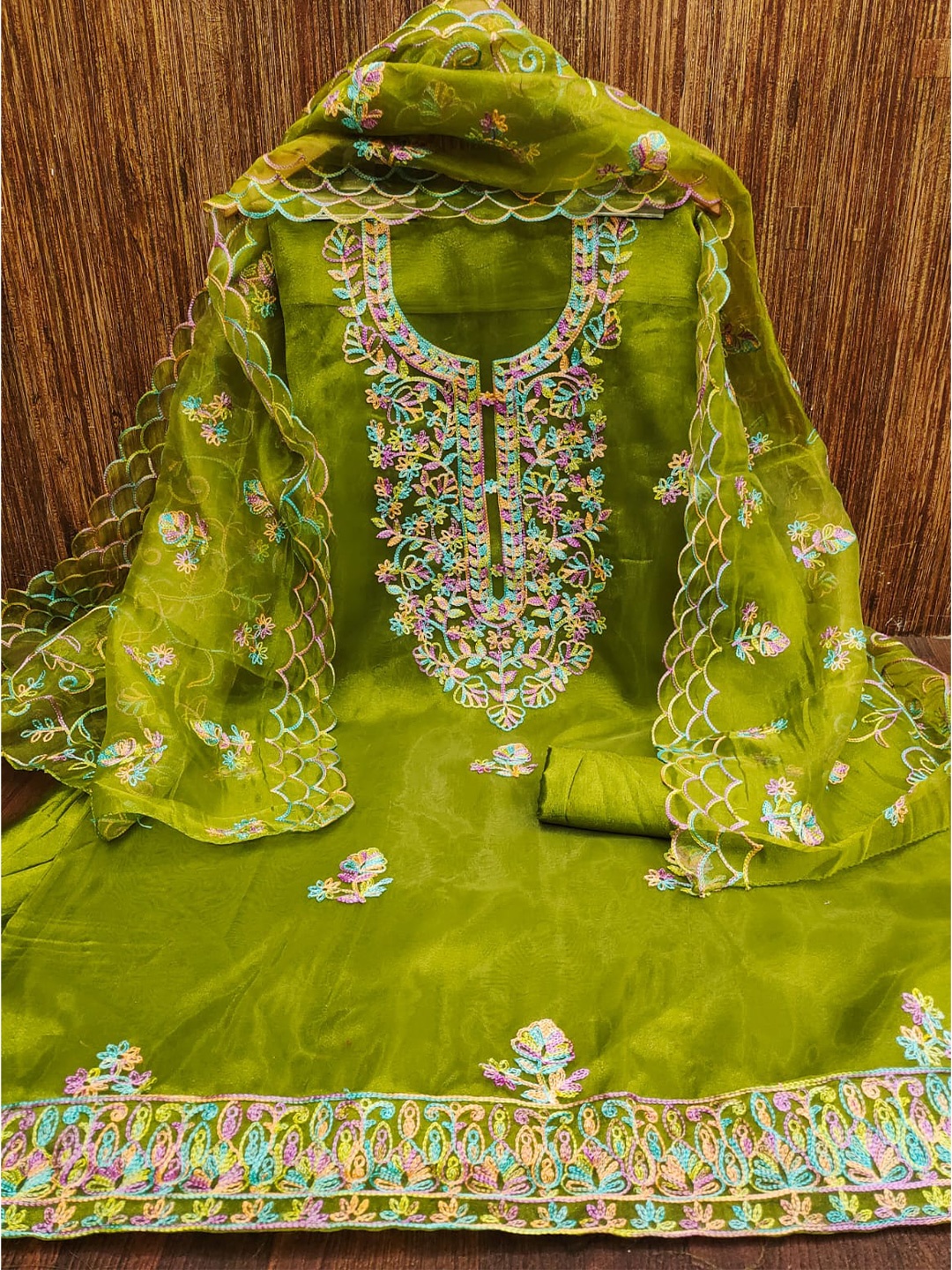 

ZEEPKART Floral Woven Design Organza Unstitched Dress Material, Green