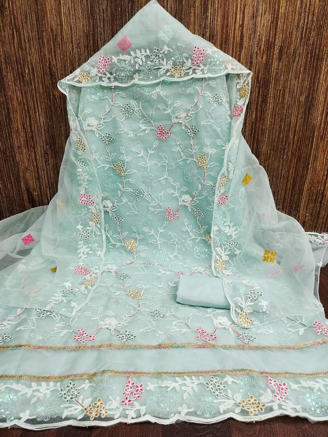 

ZEEPKART Organza Unstitched Dress Material, Blue
