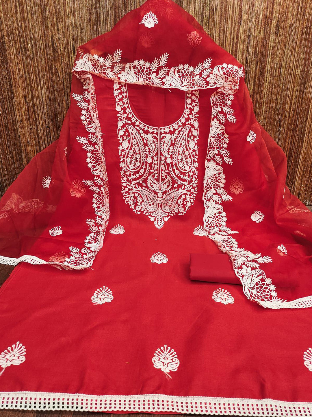 

ZEEPKART Embroidered Unstitched Dress Material, Red