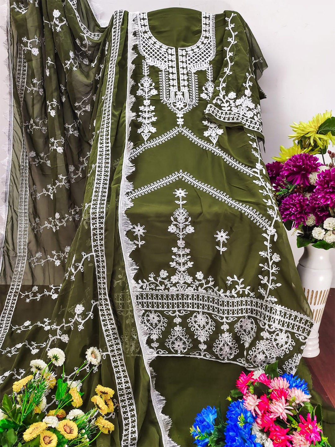 

ZEEPKART Ethnic Motifs Woven Design Unstitched Dress Material, Green