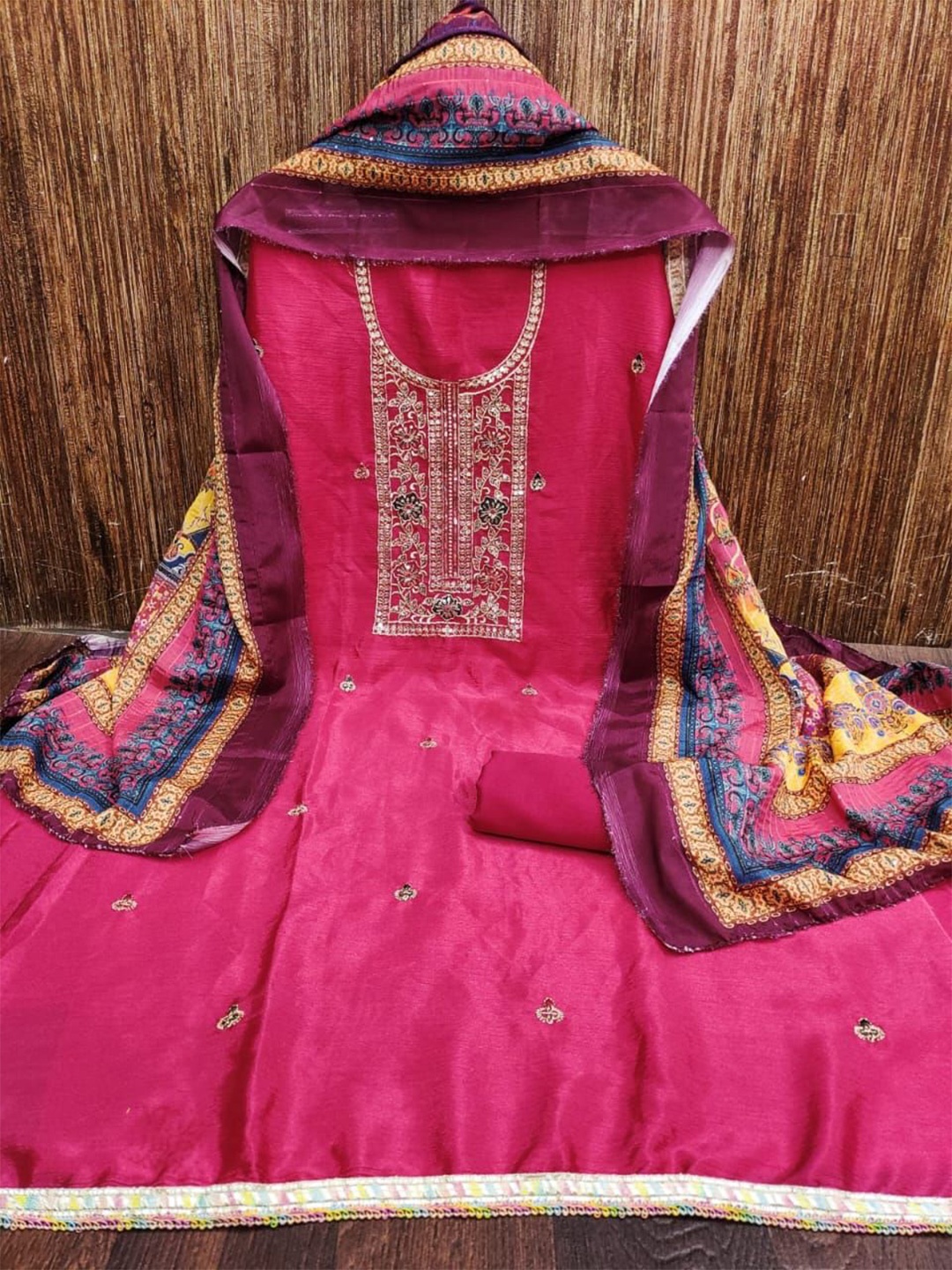 

ZEEPKART Silk Chiffon Unstitched Dress Material, Pink