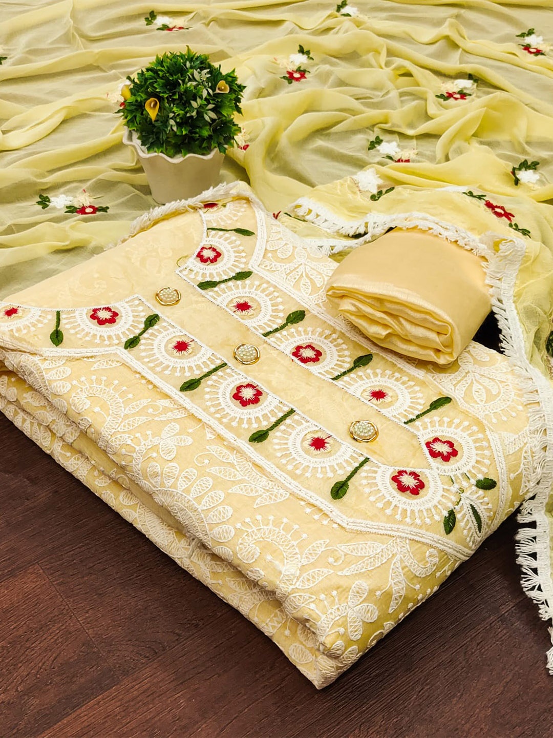 

ZEEPKART Ethnic Motifs Woven Design Unstitched Dress Material, Yellow