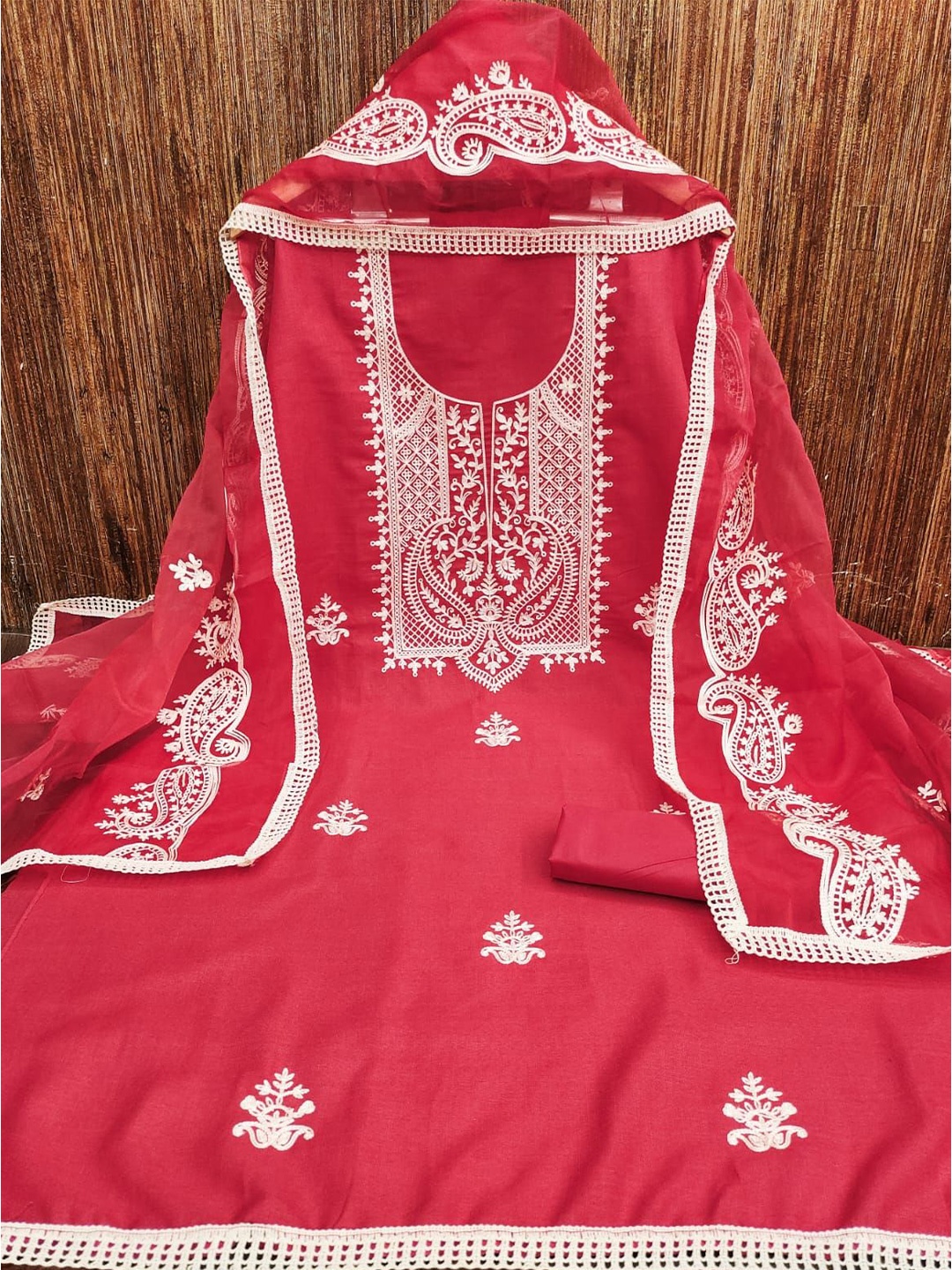 

ZEEPKART Floral Woven Design Unstitched Dress Material, Pink
