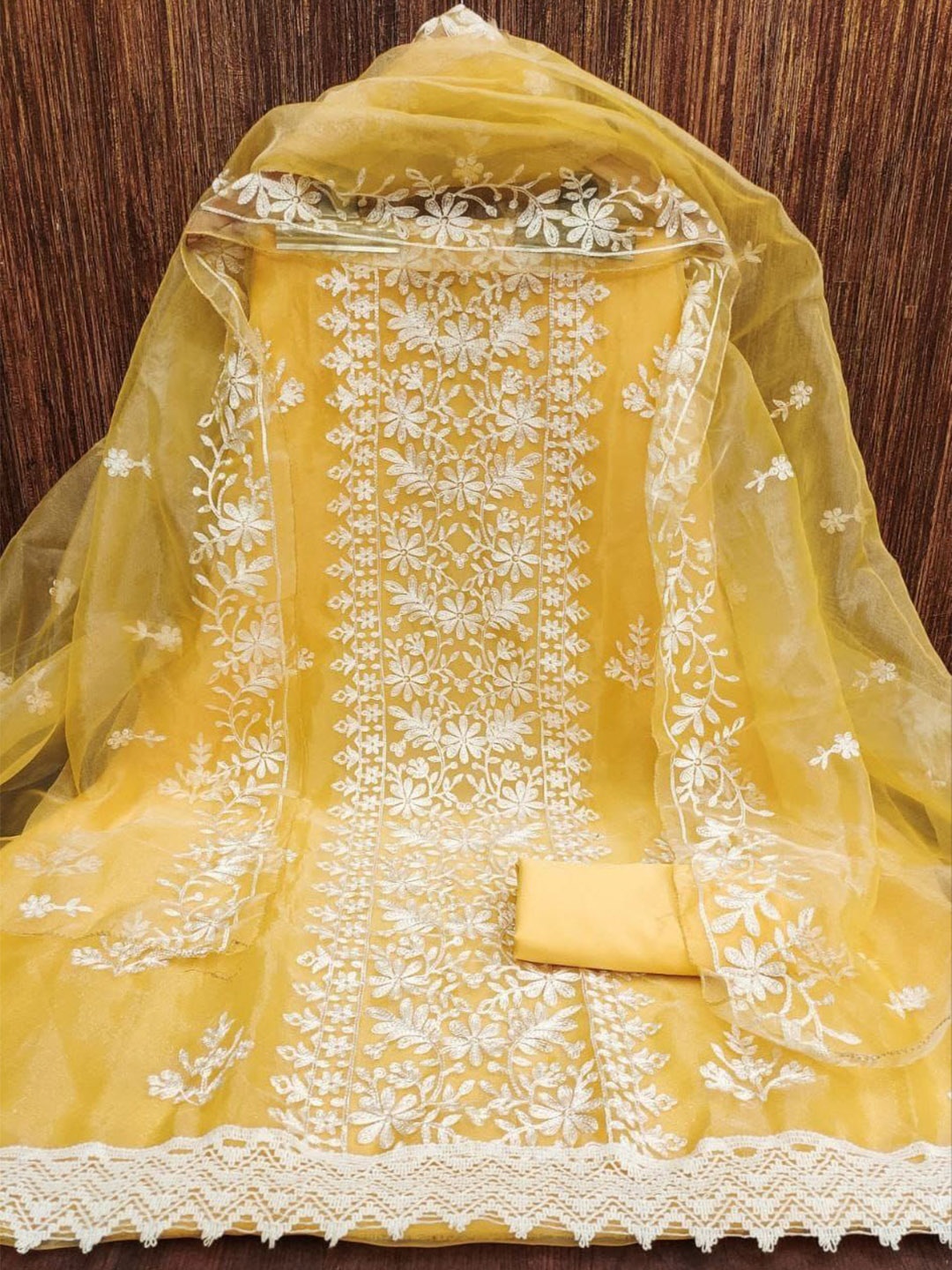 

ZEEPKART Ethnic Motifs Embroidered Organza Unstitched Dress Material, Gold