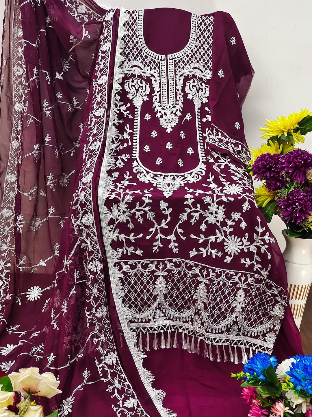 

ZEEPKART Ethnic Motifs Woven Design Unstitched Dress Material, Red