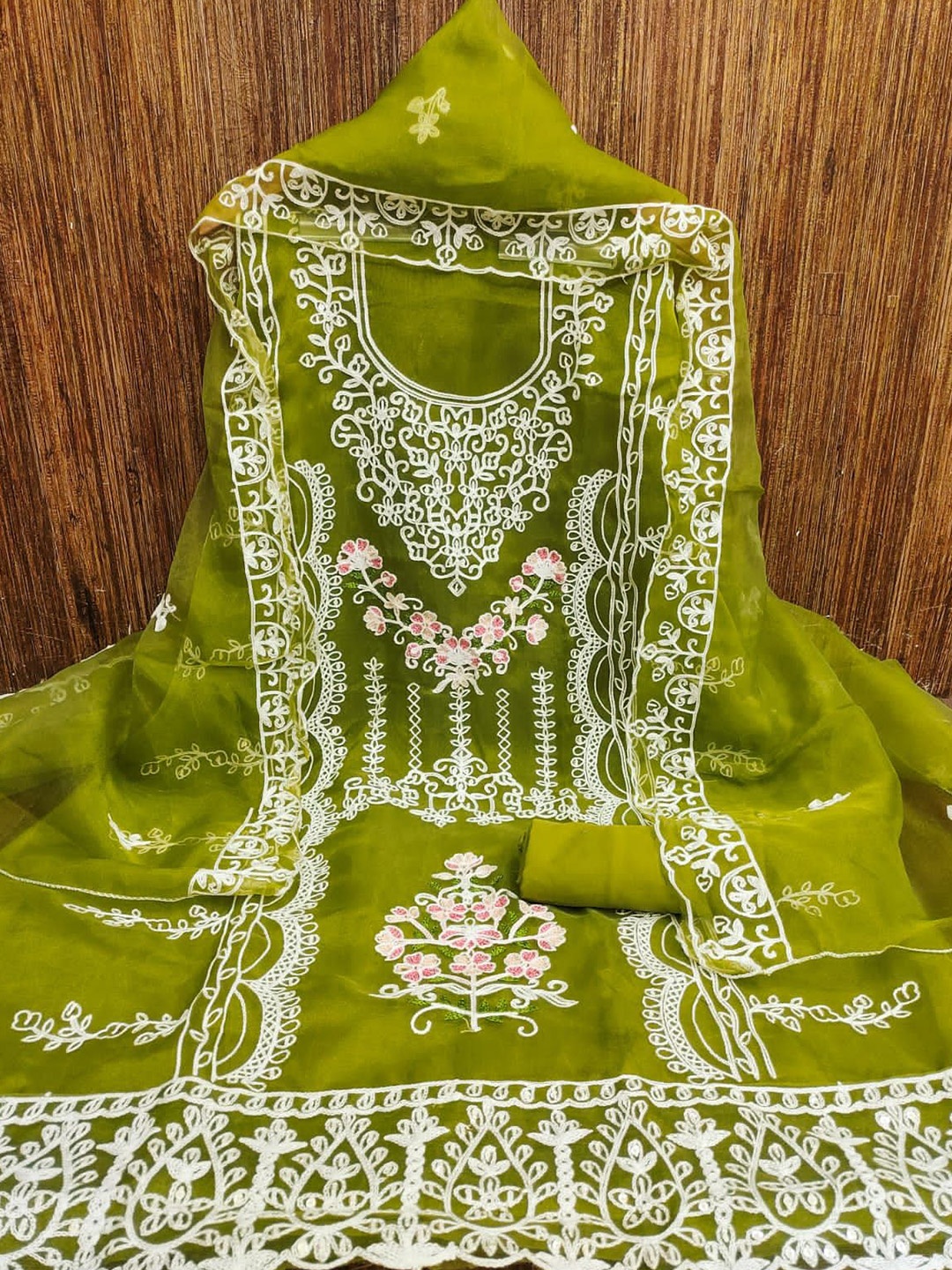 

ZEEPKART Ethnic Motifs Woven Design Organza Unstitched Dress Material, Sea green