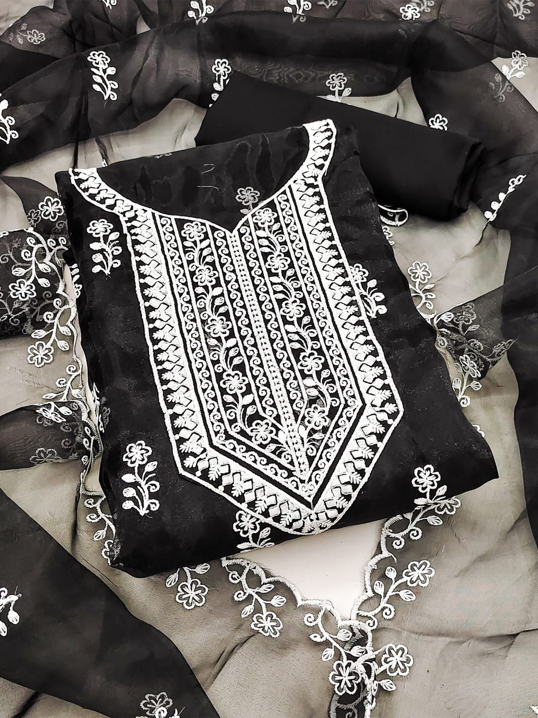 

ZEEPKART Organza Unstitched Dress Material, Black