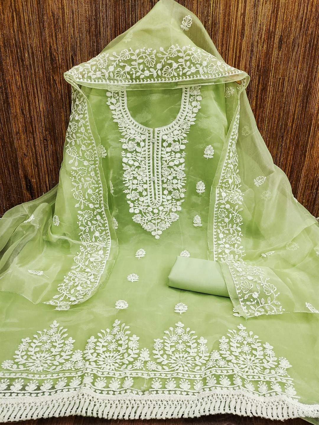 

ZEEPKART Ethnic Motifs Woven Design Organza Unstitched Dress Material, Green