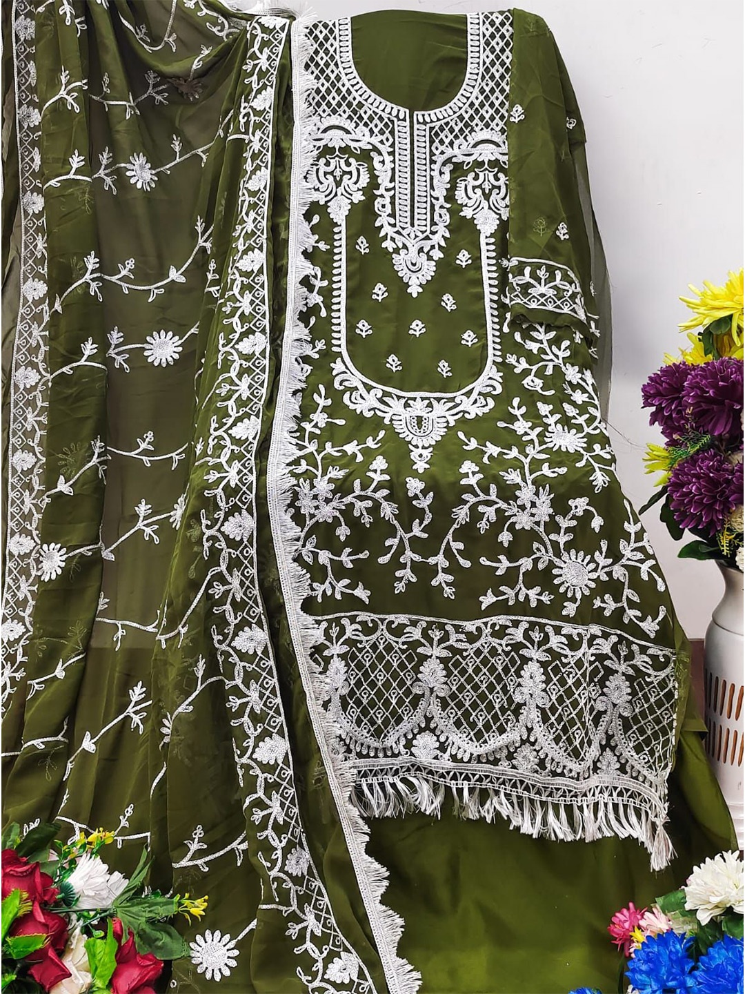 

ZEEPKART Ethnic Motifs Woven Design Unstitched Dress Material, Green