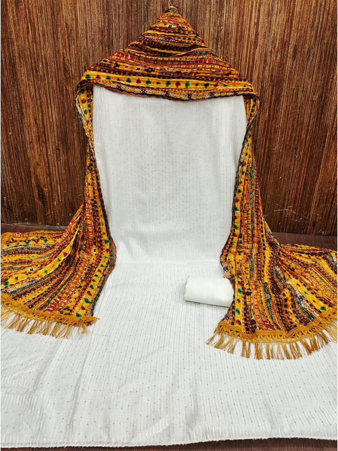 

ZEEPKART Striped Embroidered Sequinned Unstitched Dress Material, Gold