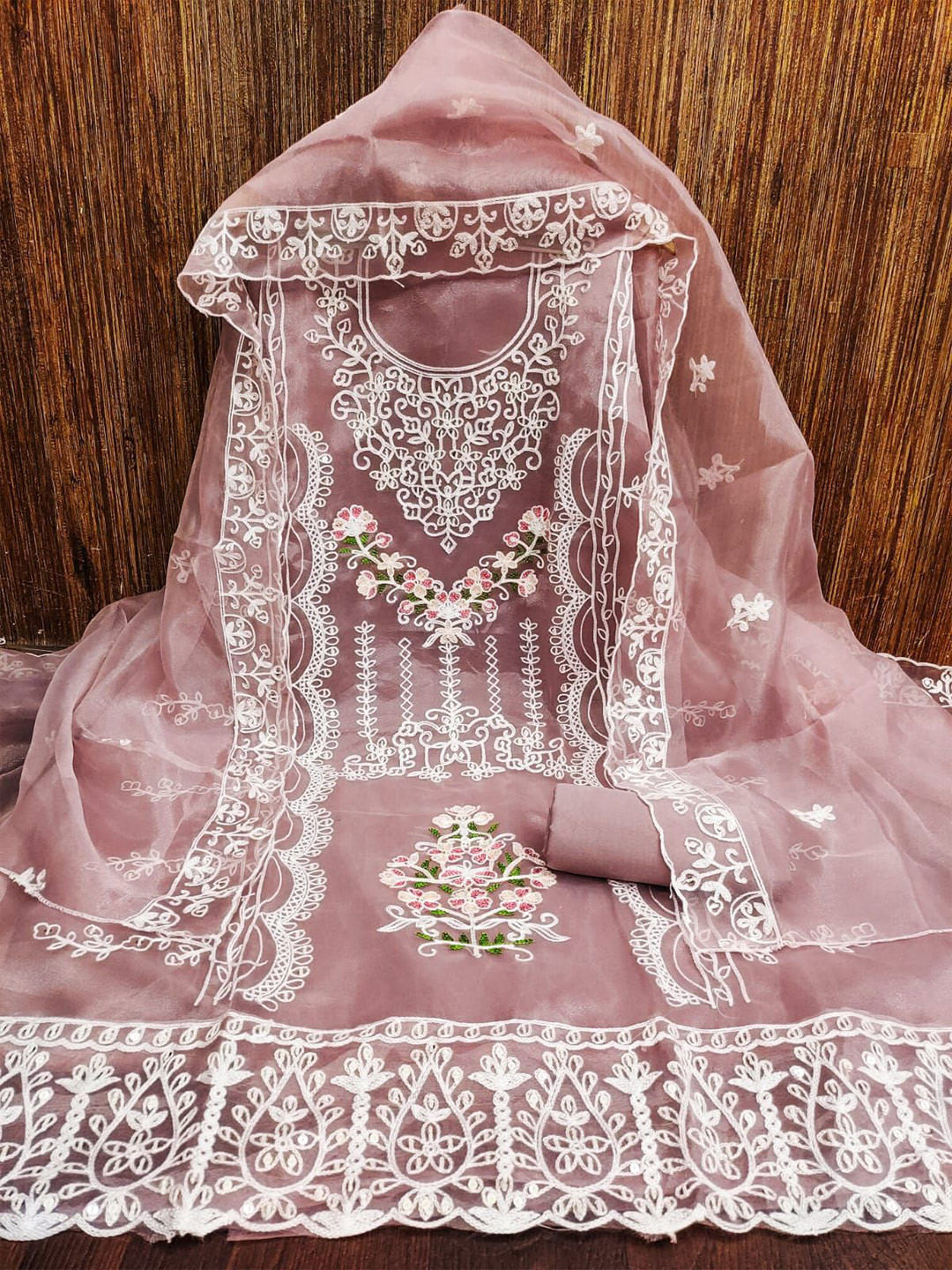 

ZEEPKART Ethnic Motifs Embroidered Organza Unstitched Dress Material, Violet
