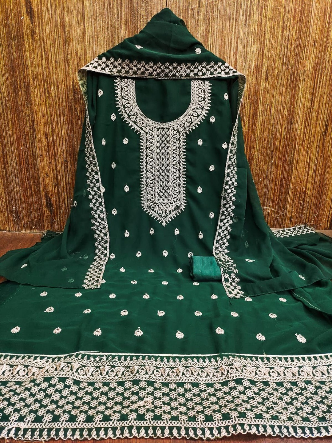 

ZEEPKART Floral Embroidered Sequinned Unstitched Dress Material, Green