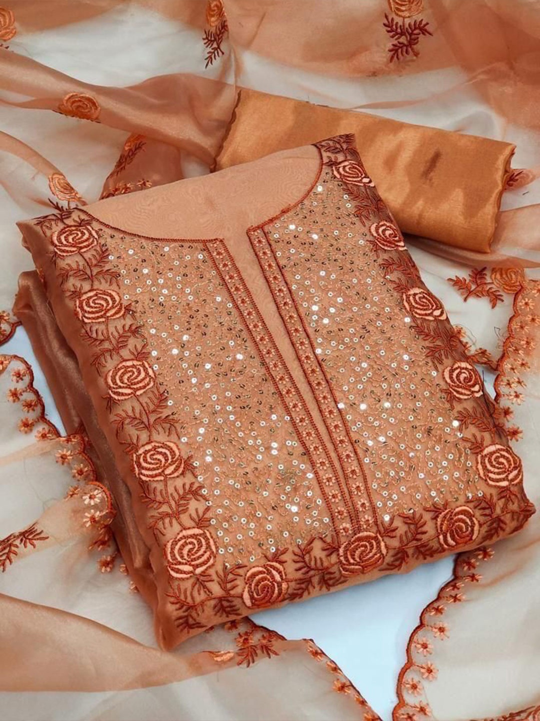 

ZEEPKART Ethnic Motifs Woven Design Sequinned Organza Unstitched Dress Material, Orange