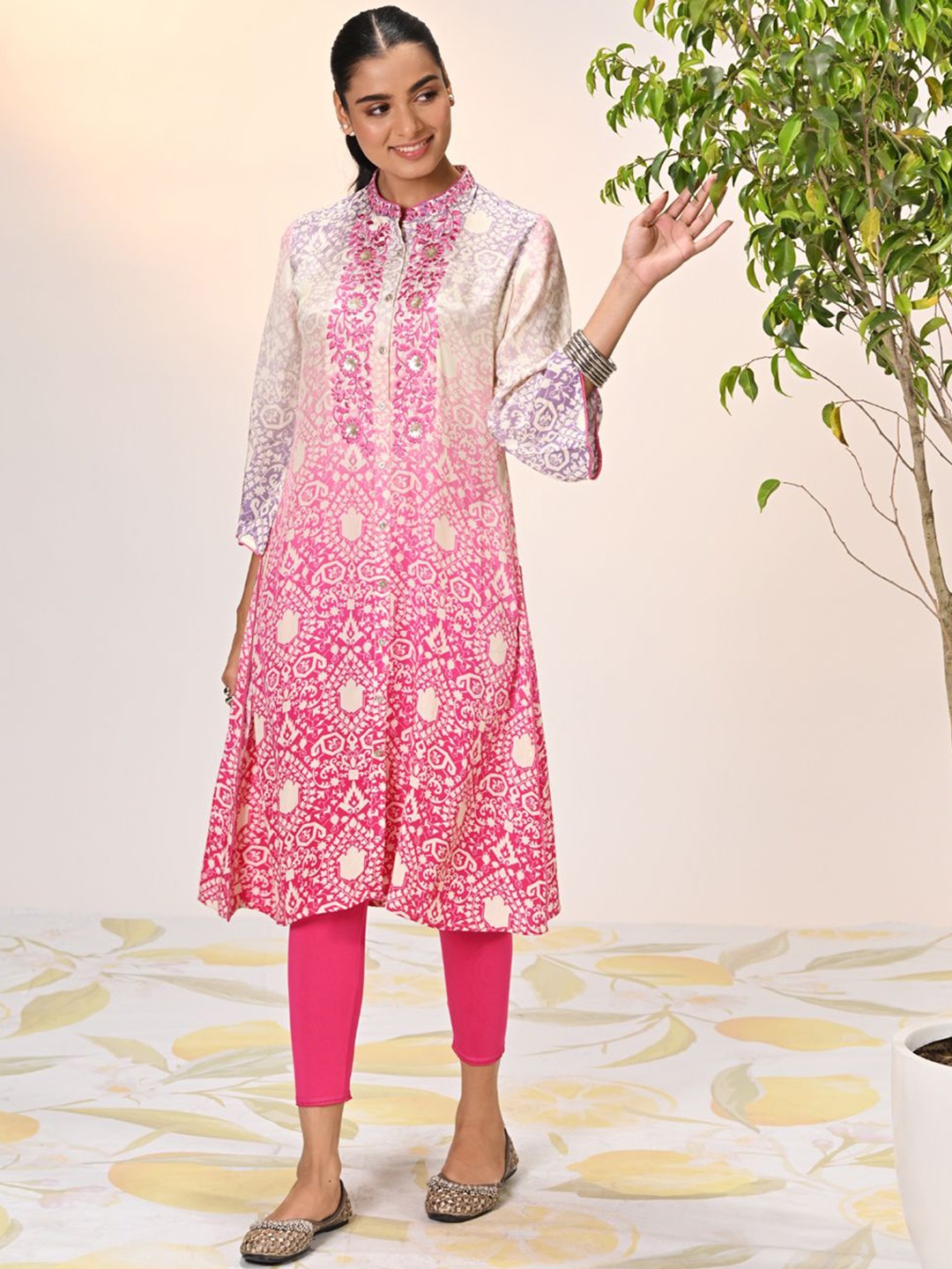 

Lakshita Mandarin Collar Flared Sleeves Ethnic Printed A Line Kurta, Grey