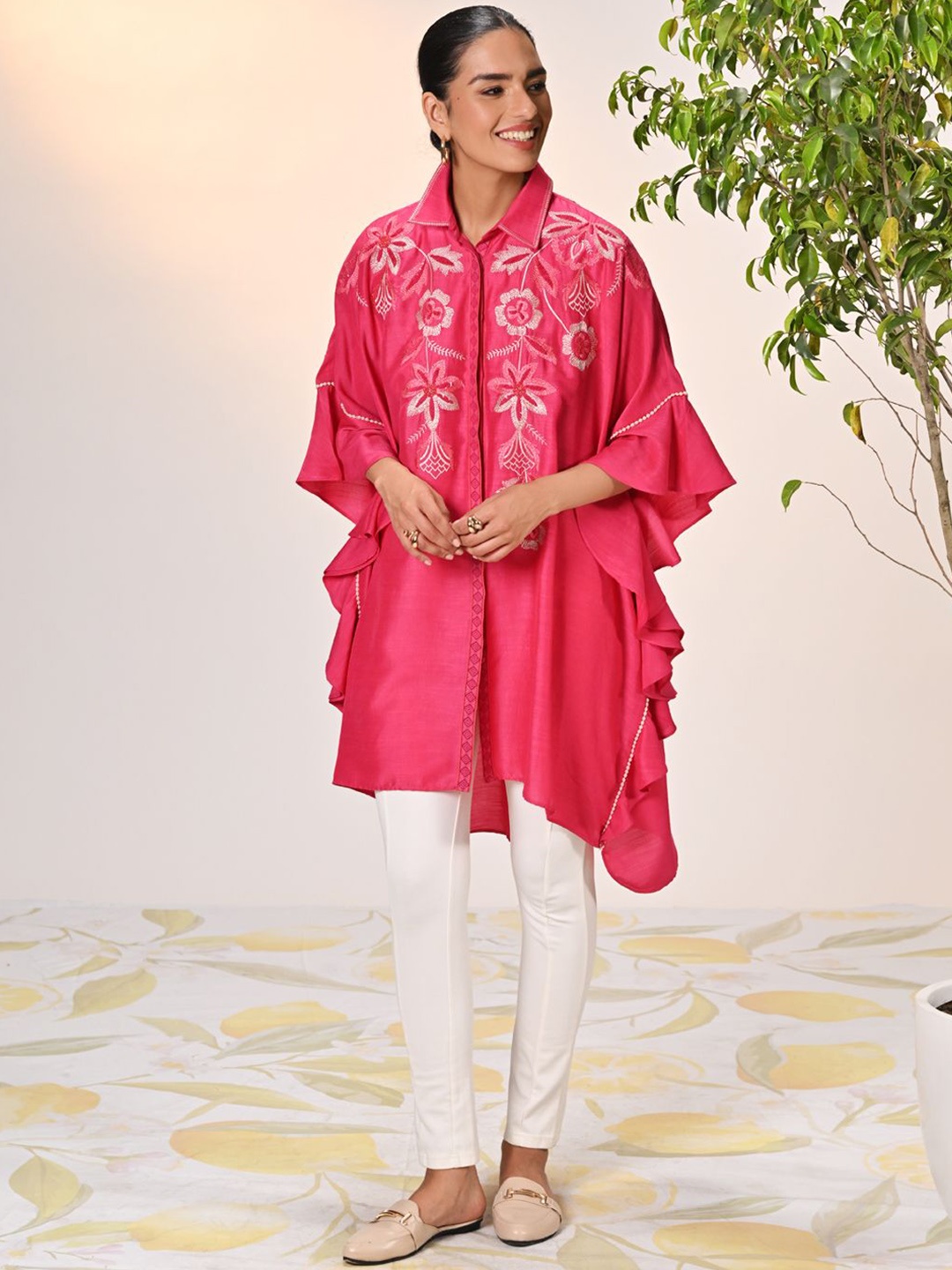 Lakshita Shirt Collar Flared Sleeves Floral Embroidered A Line Kurta, Fuchsia