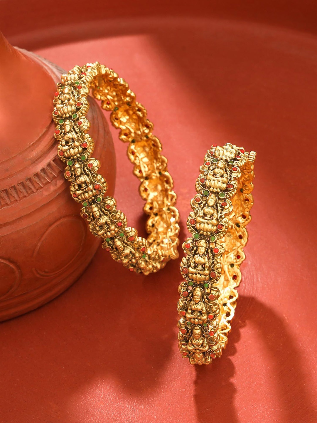 

Yellow Chimes Set Of 2 Gold Plated Stones Studded Traditional Temple Bangles