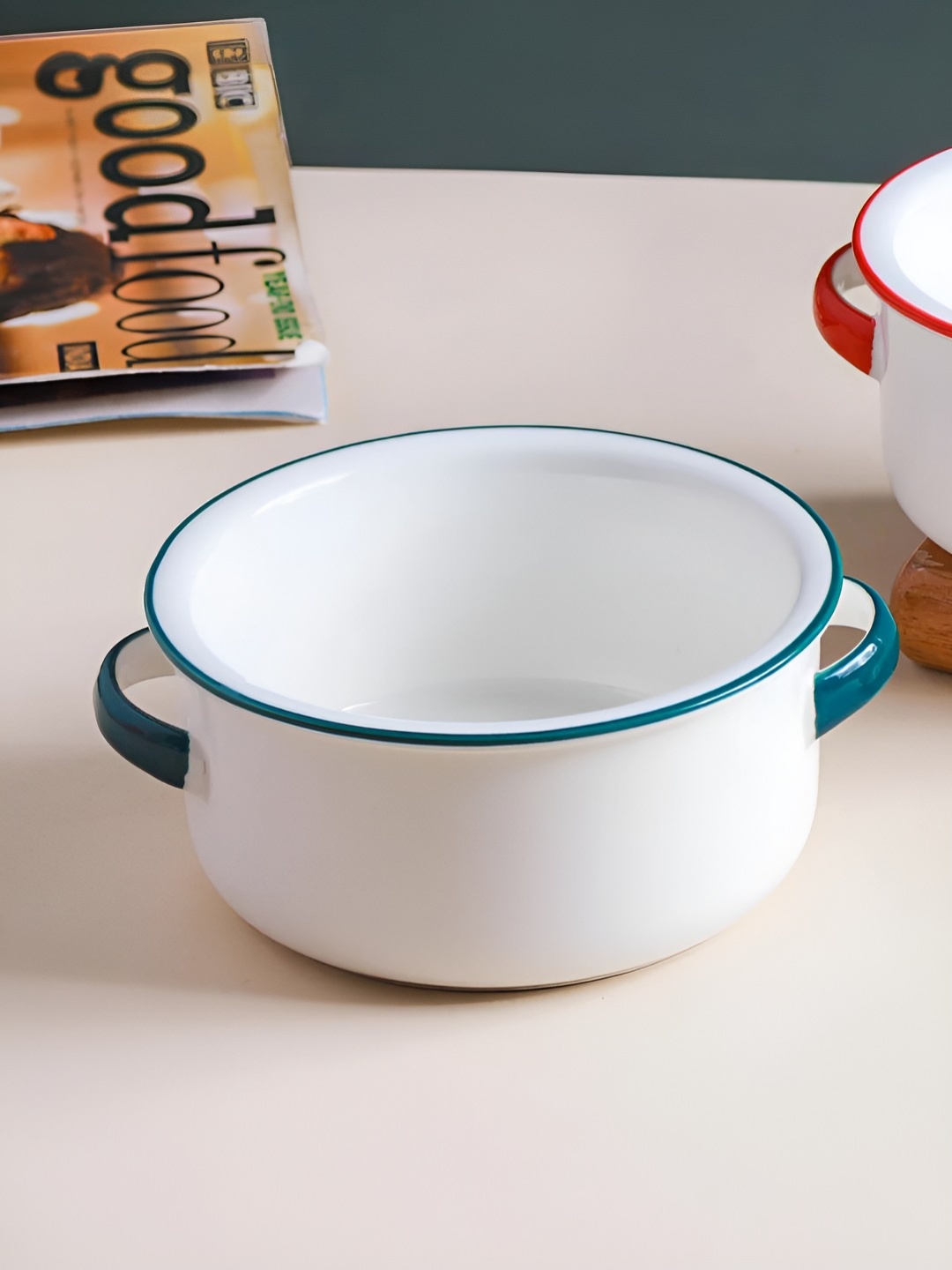 

Nestasia Toujours Side White & Green Ceramic Bowl With Handle 350 ml