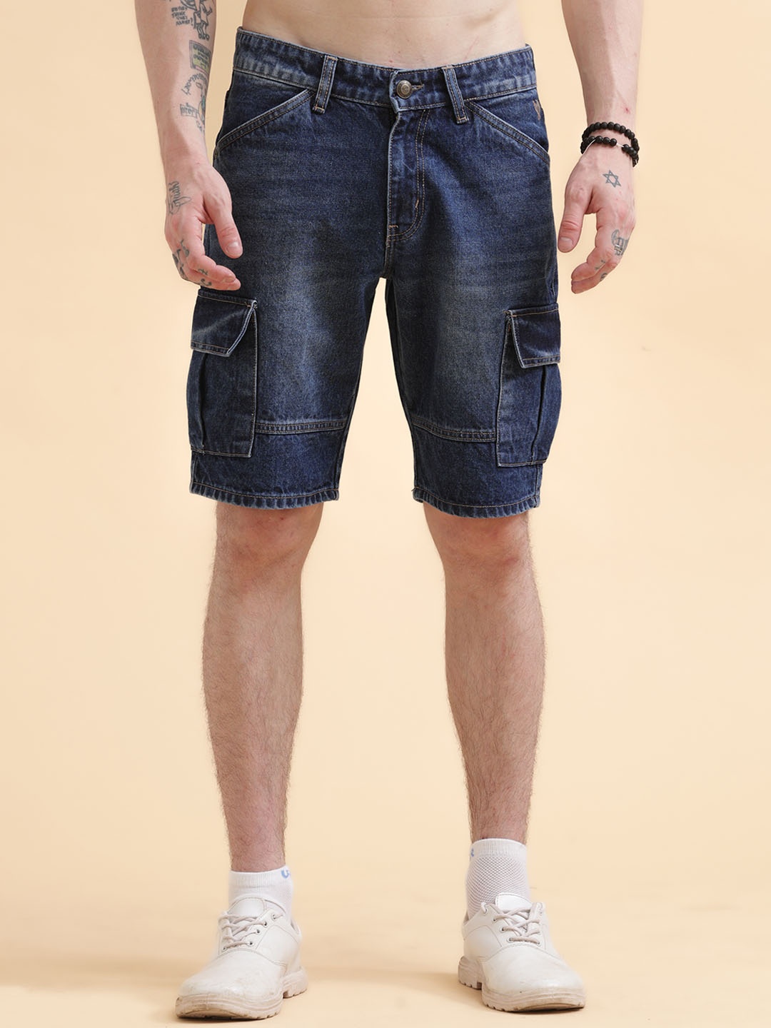 

VUDU Men Washed Slim Fit Pure Cotton Cargo Denim Shorts, Navy blue