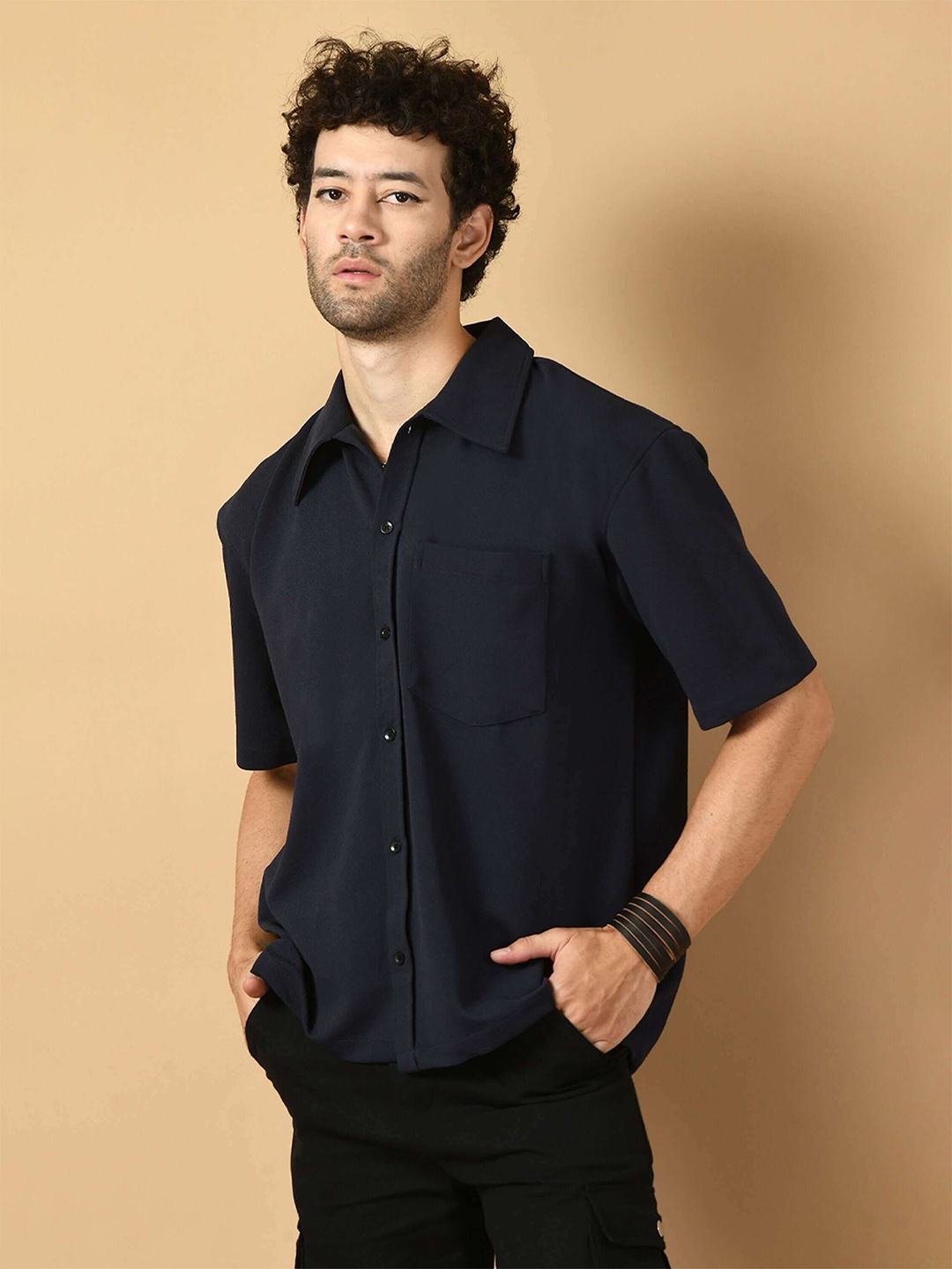 

OFFMINT Spread Collar Comfort Relaxed Fit Cotton Casual Shirt, Black