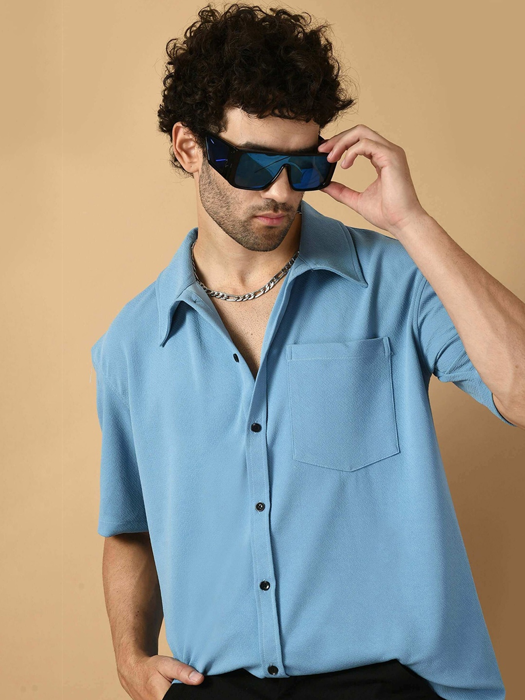 

OFFMINT Comfort Spread Collar Relaxed Fit Cotton Casual Shirt, Turquoise blue