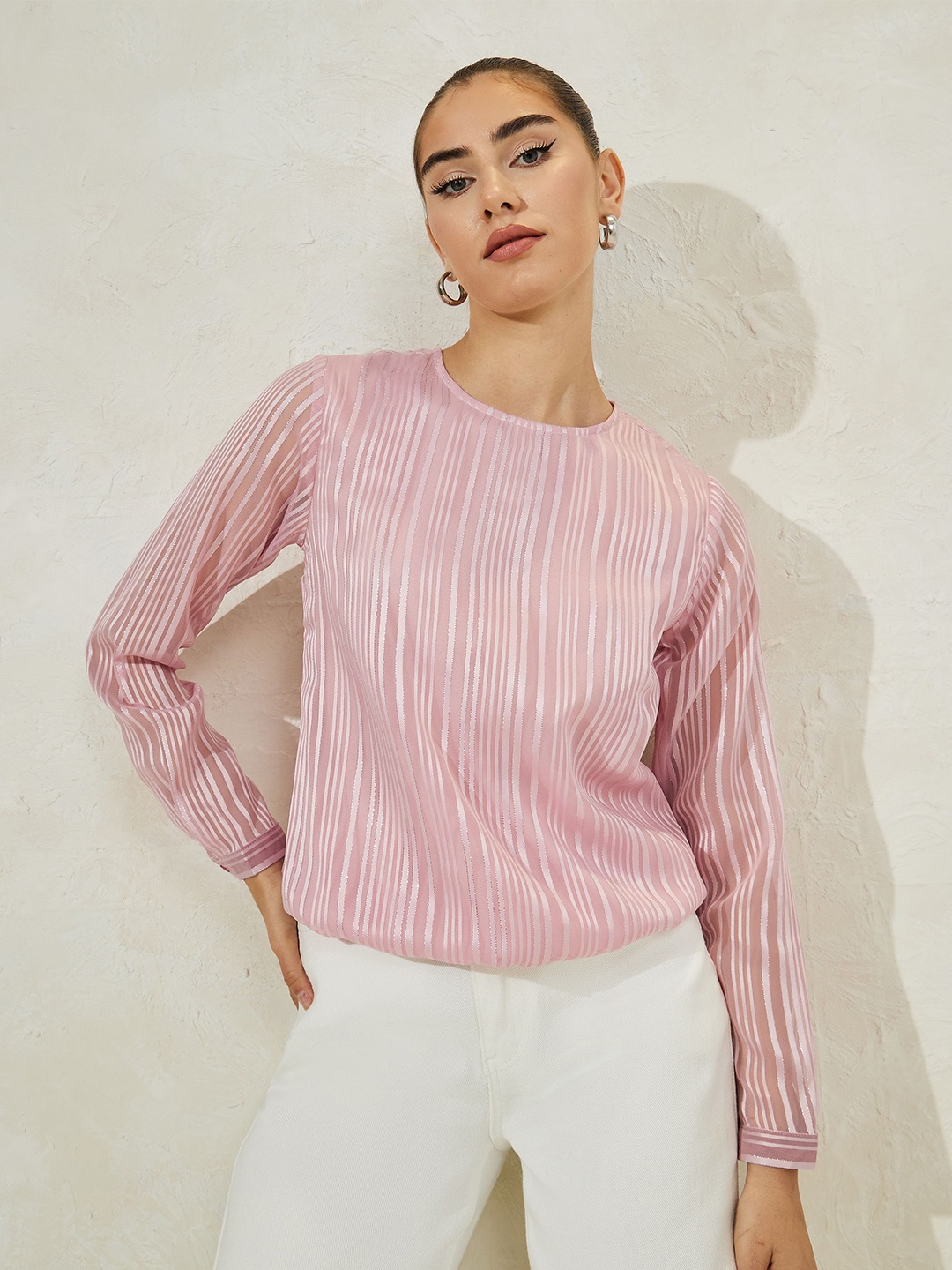 

Styli Vertical Stripes Cuffed Sleeves Top, Pink