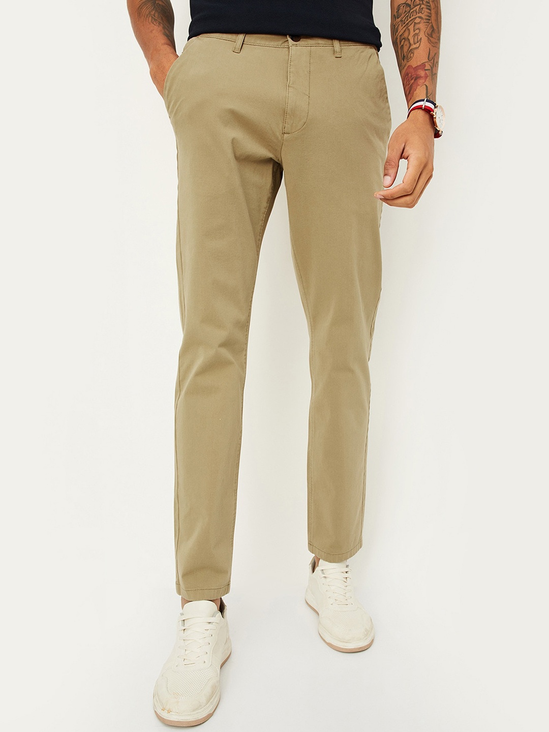 

max Men Regular Fit Mid-Rise Trousers, Brown