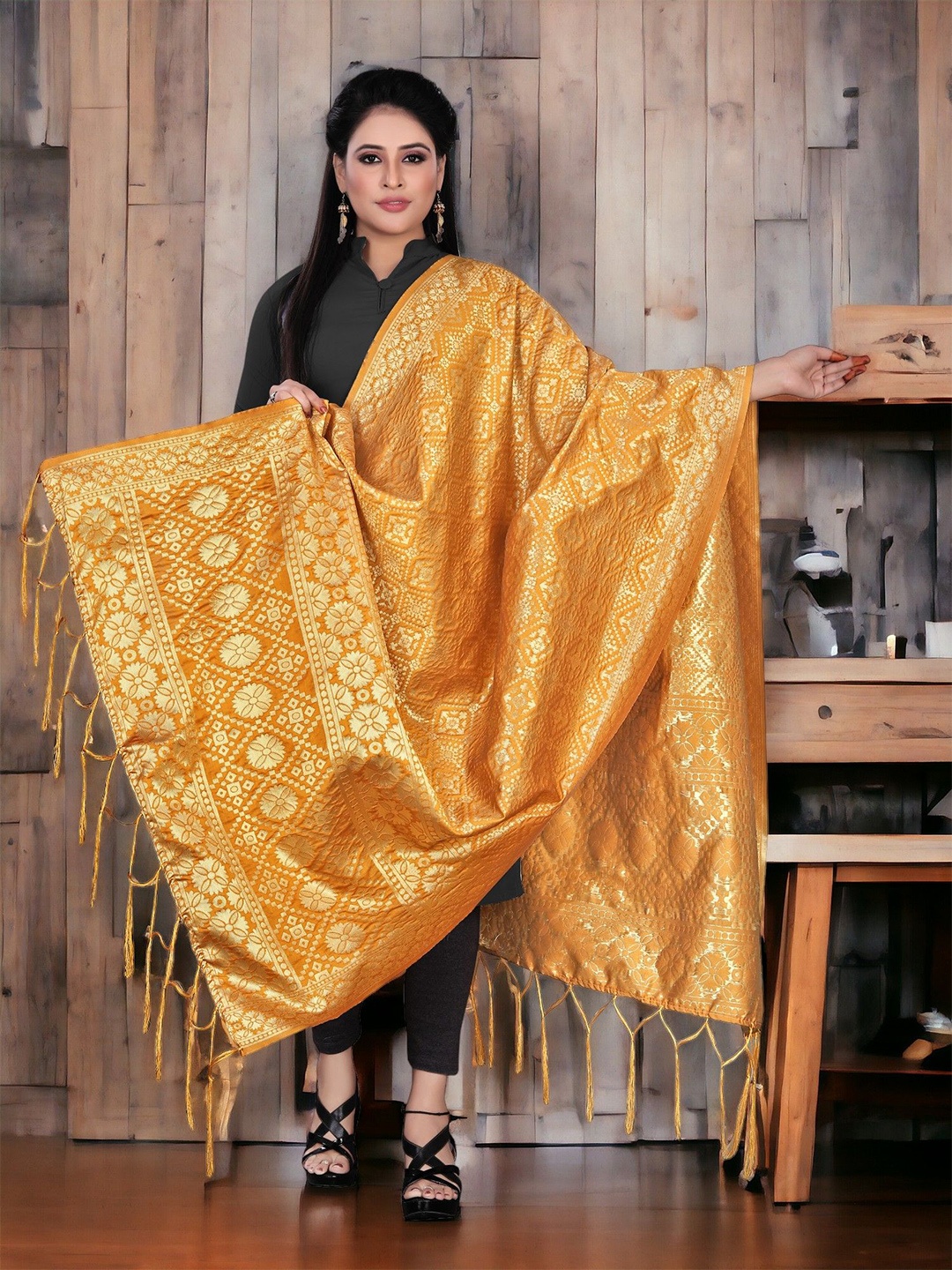 

CARTYSHOP Ethnic Motifs Woven Design Dupatta with Zari, Mustard