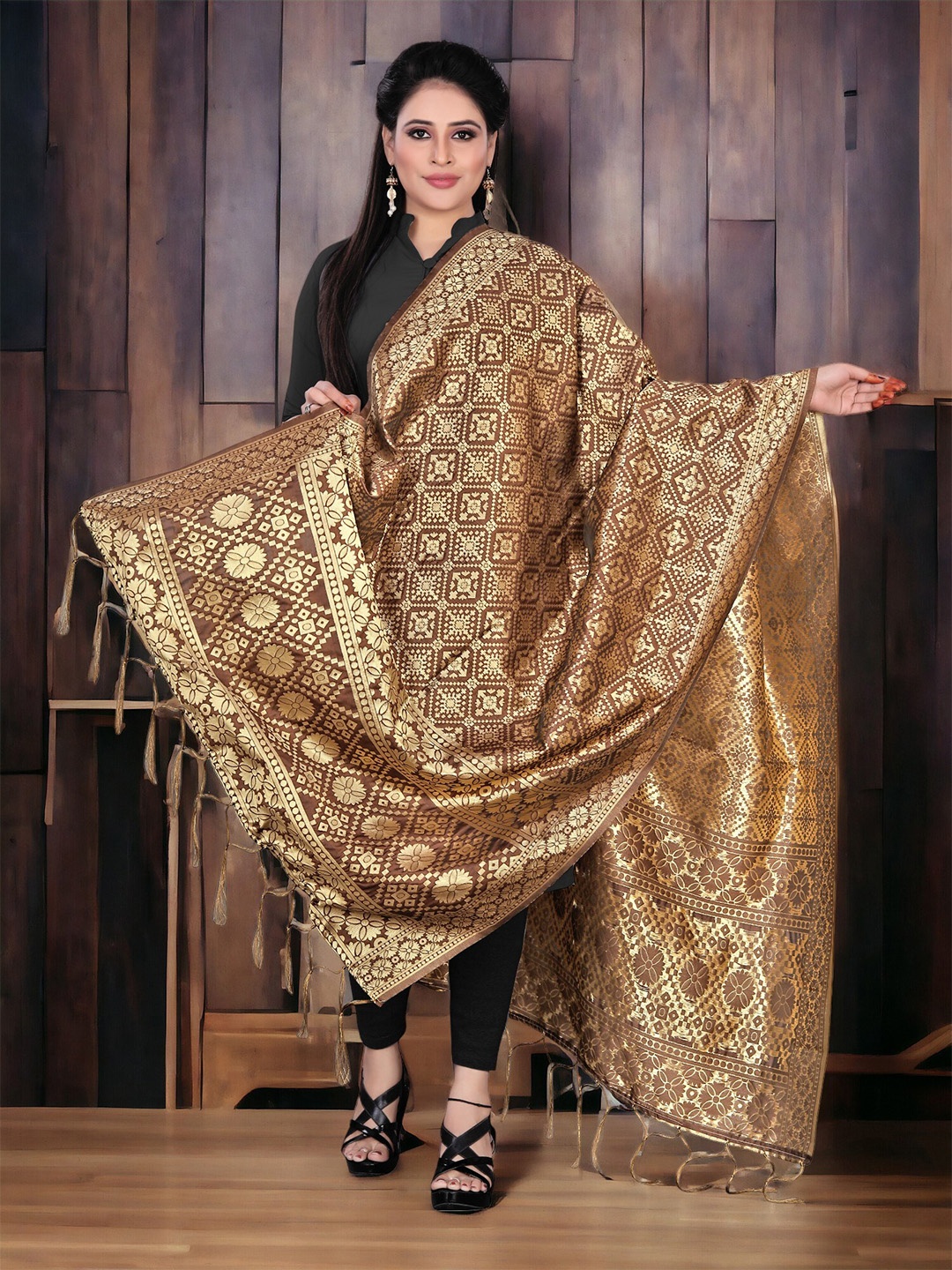 

CARTYSHOP Ethnic Motifs Woven Design Zari Banarasi Dupatta, Brown