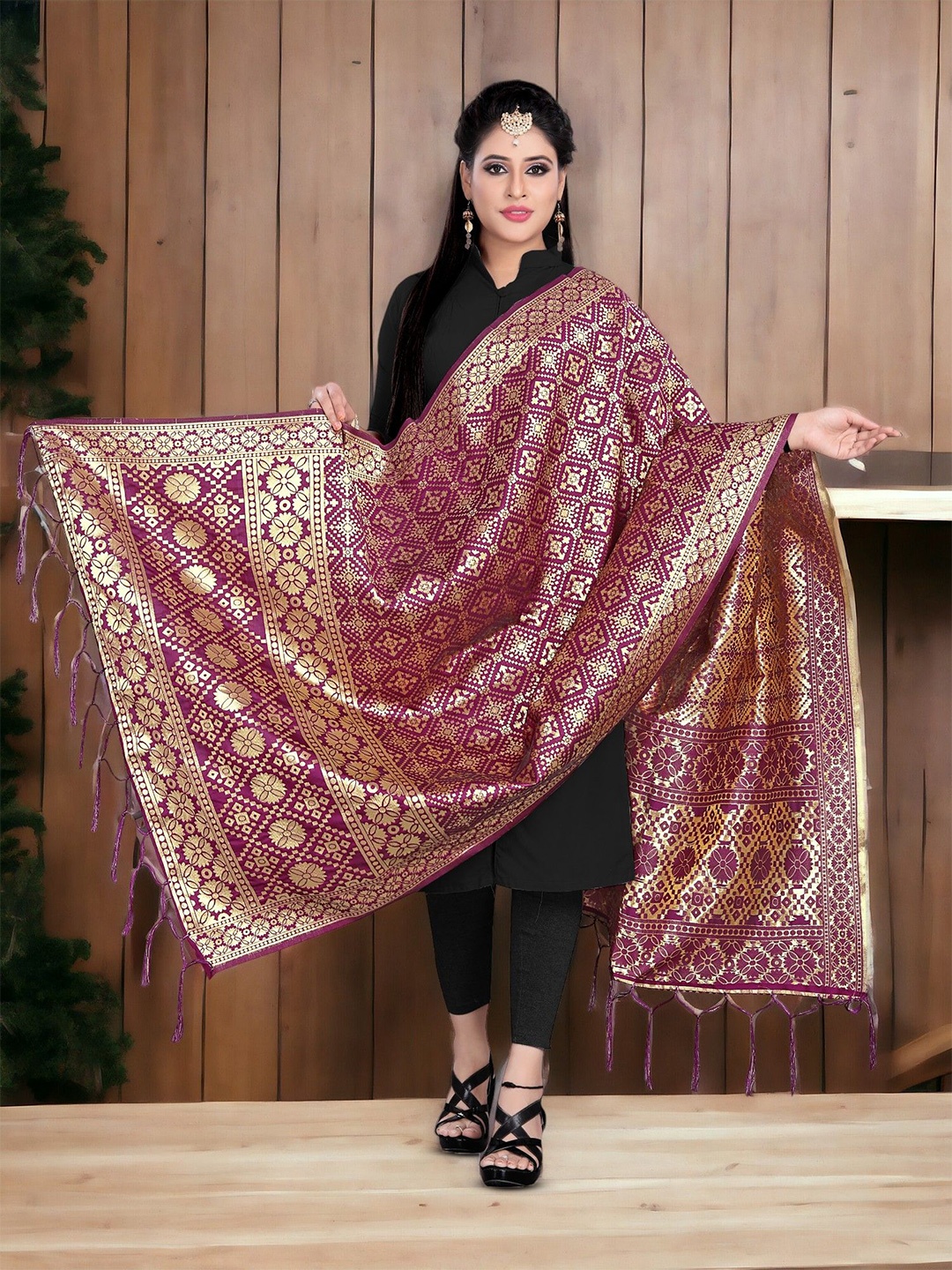 

CARTYSHOP Ethnic Motifs Woven Design Zari Banarasi Dupatta, Magenta